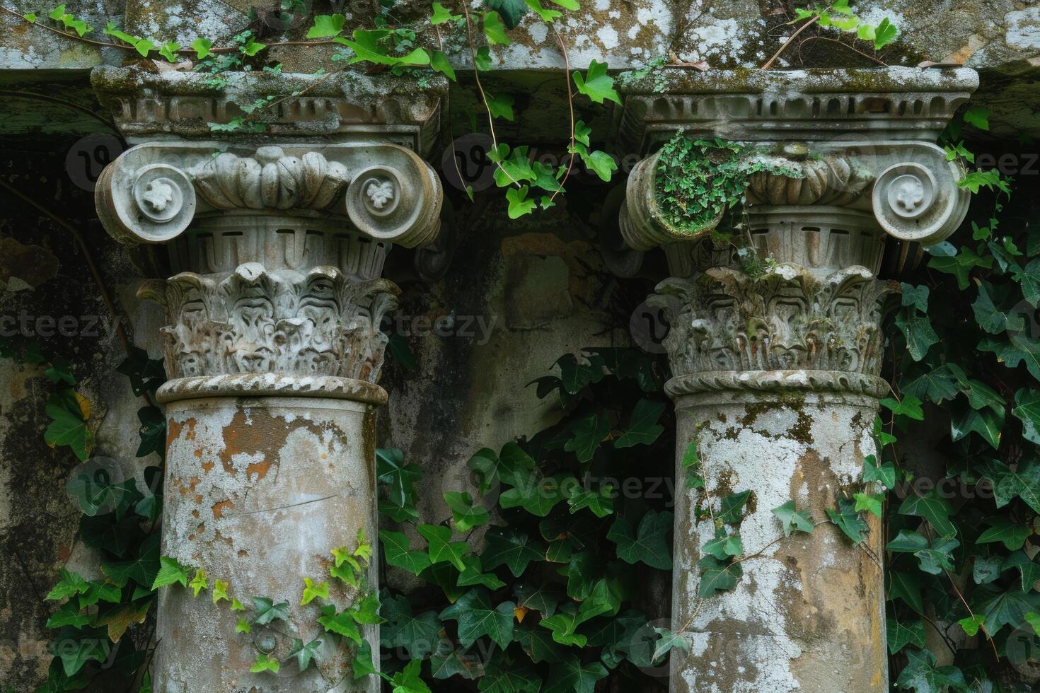 Ancient columns enveloped by ivy photo