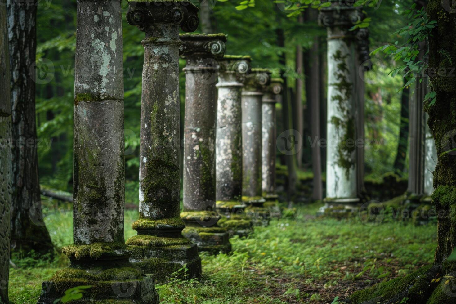 Ancient columns in a mossy forest photo