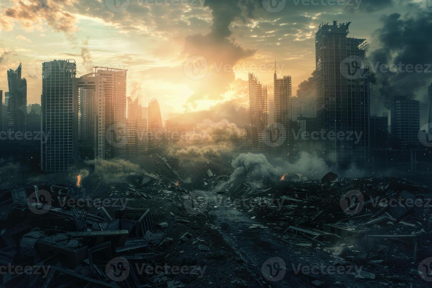Dramatic view of a destroyed city with ruins under a moody sunset sky photo