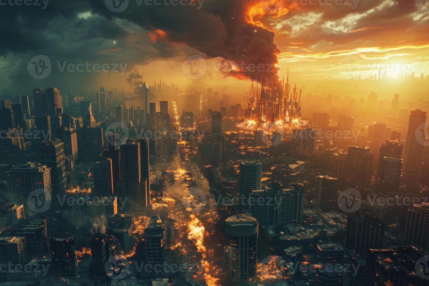 Dramatic image of a city engulfed in flames and smoke, evoking the end of the world photo