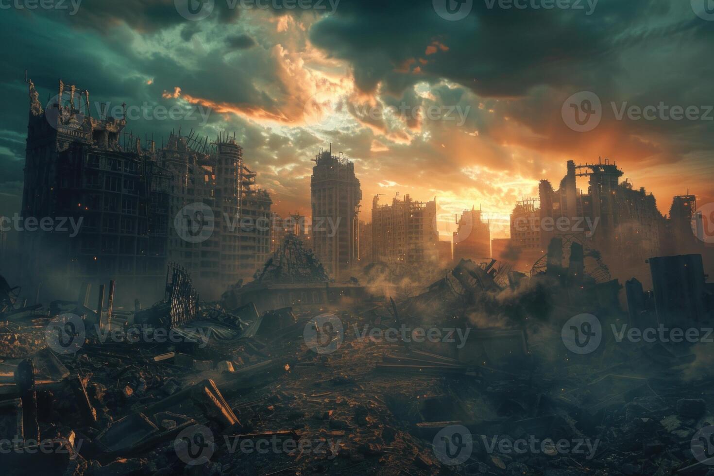 Dramatic view of a devastated city skyline against a fiery sunset sky photo