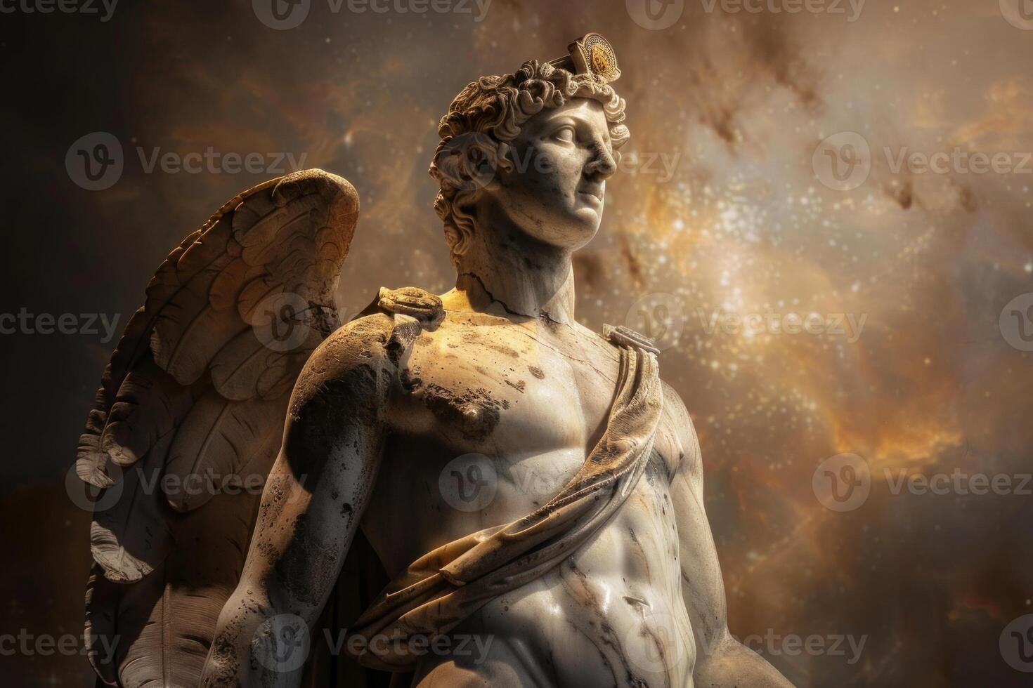 Majestic angel statue with dramatic sky backdrop photo