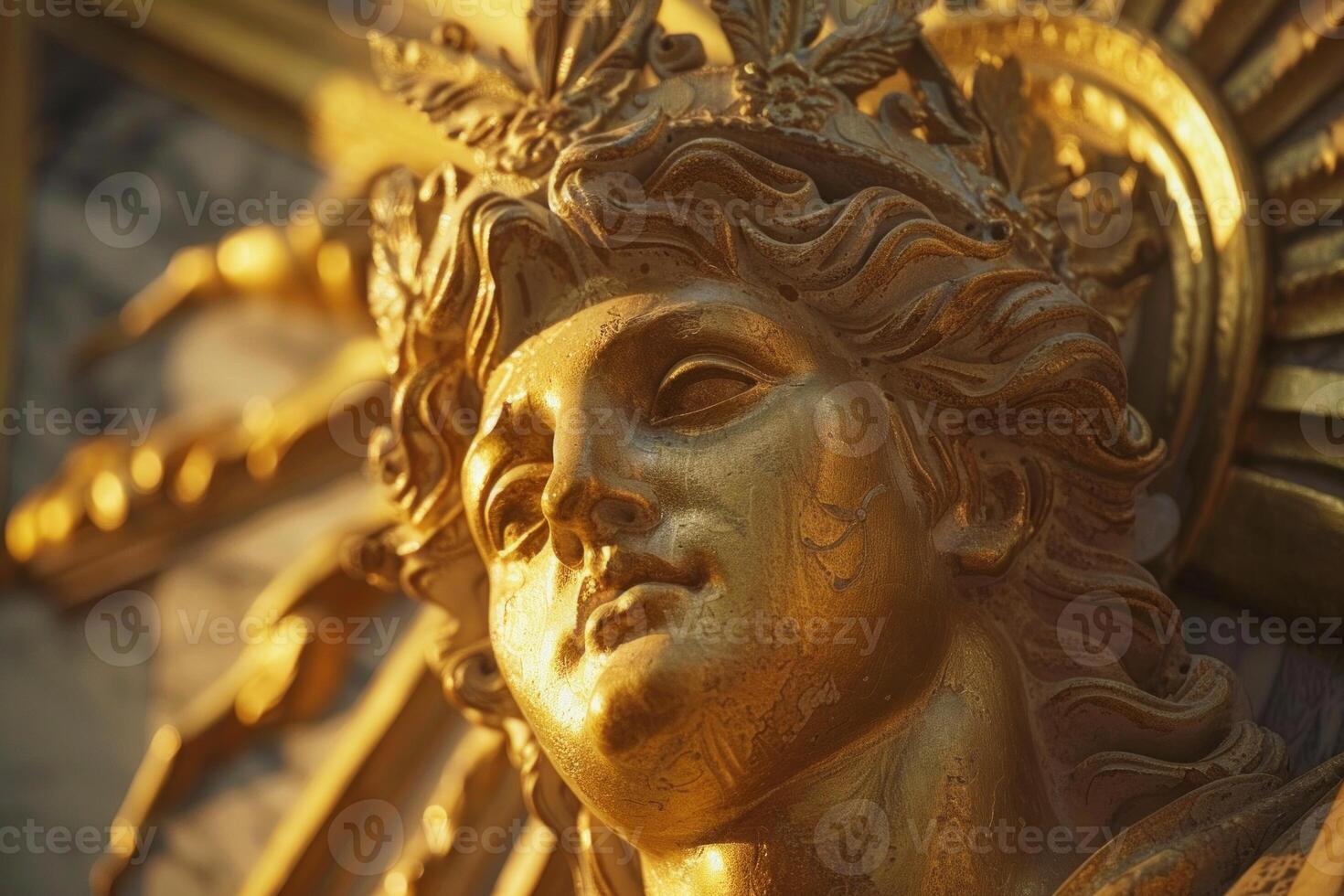 Golden sculpture of female face in sunlight photo