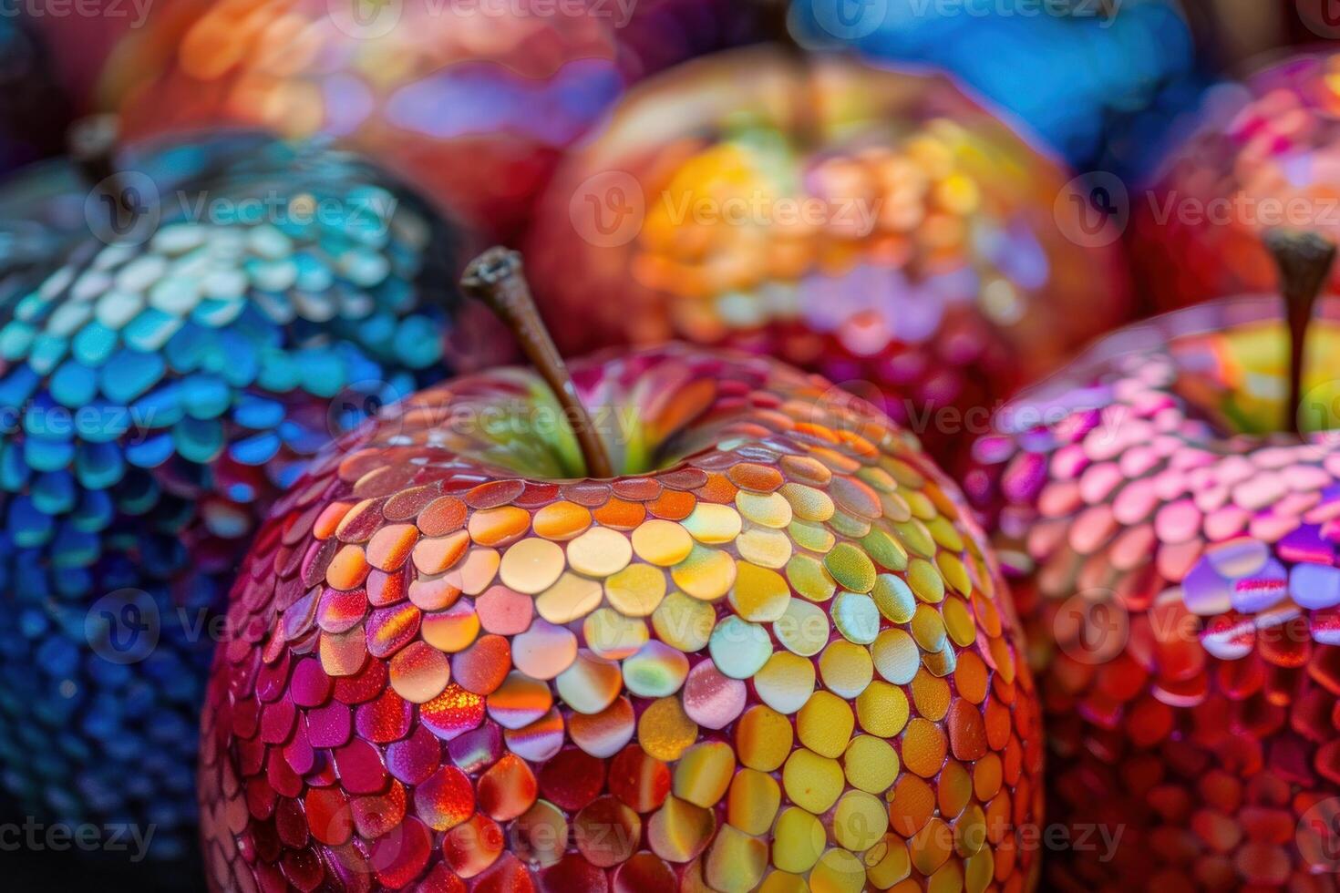 Closeup of vibrant, mosaiccovered decorative apples with shimmering patterns photo