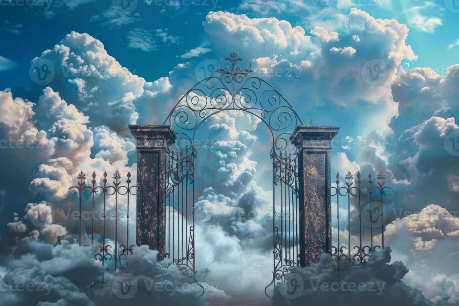 A majestic ornate gate opens to a sky filled with serene clouds photo
