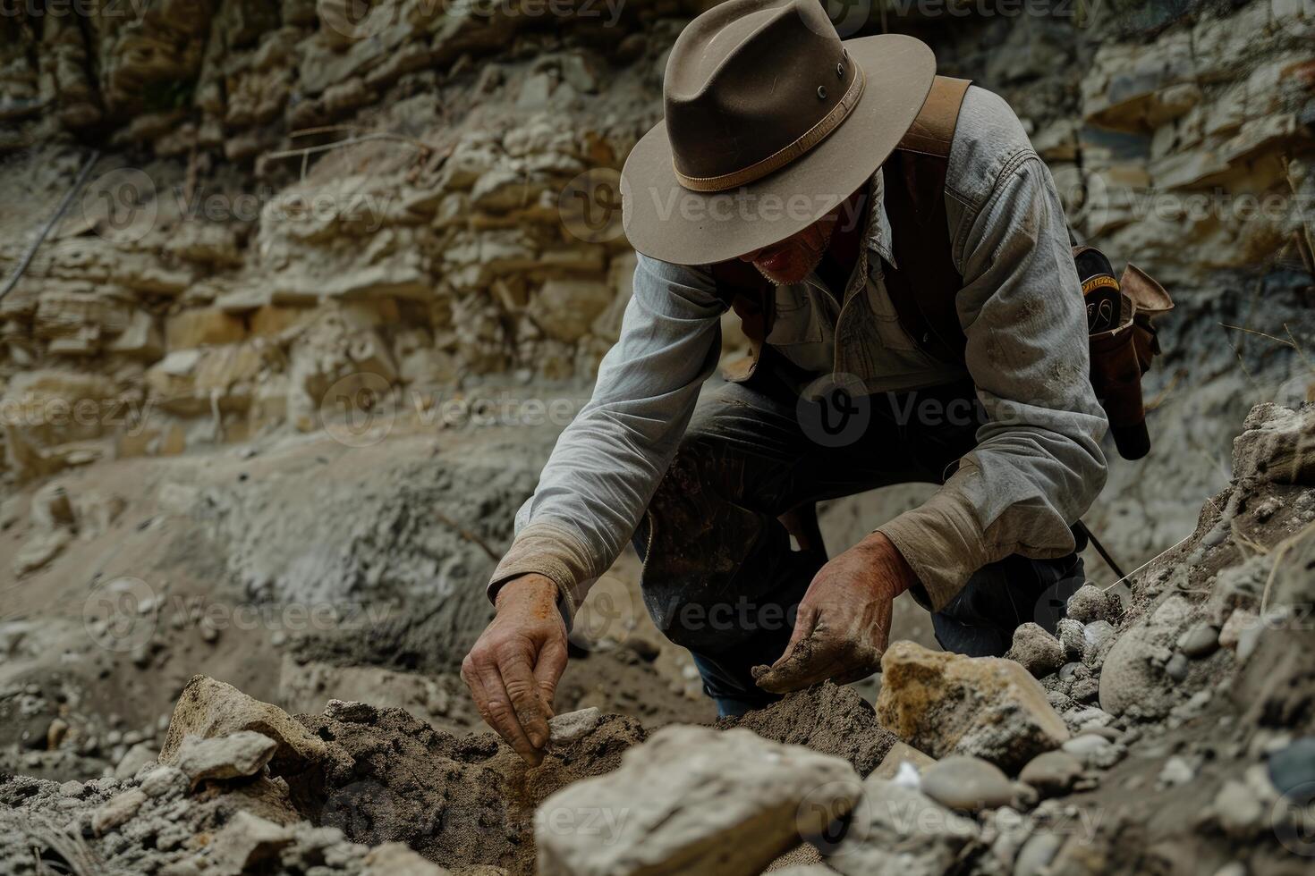 Archaeologist excavating ancient fossils at a dig site photo
