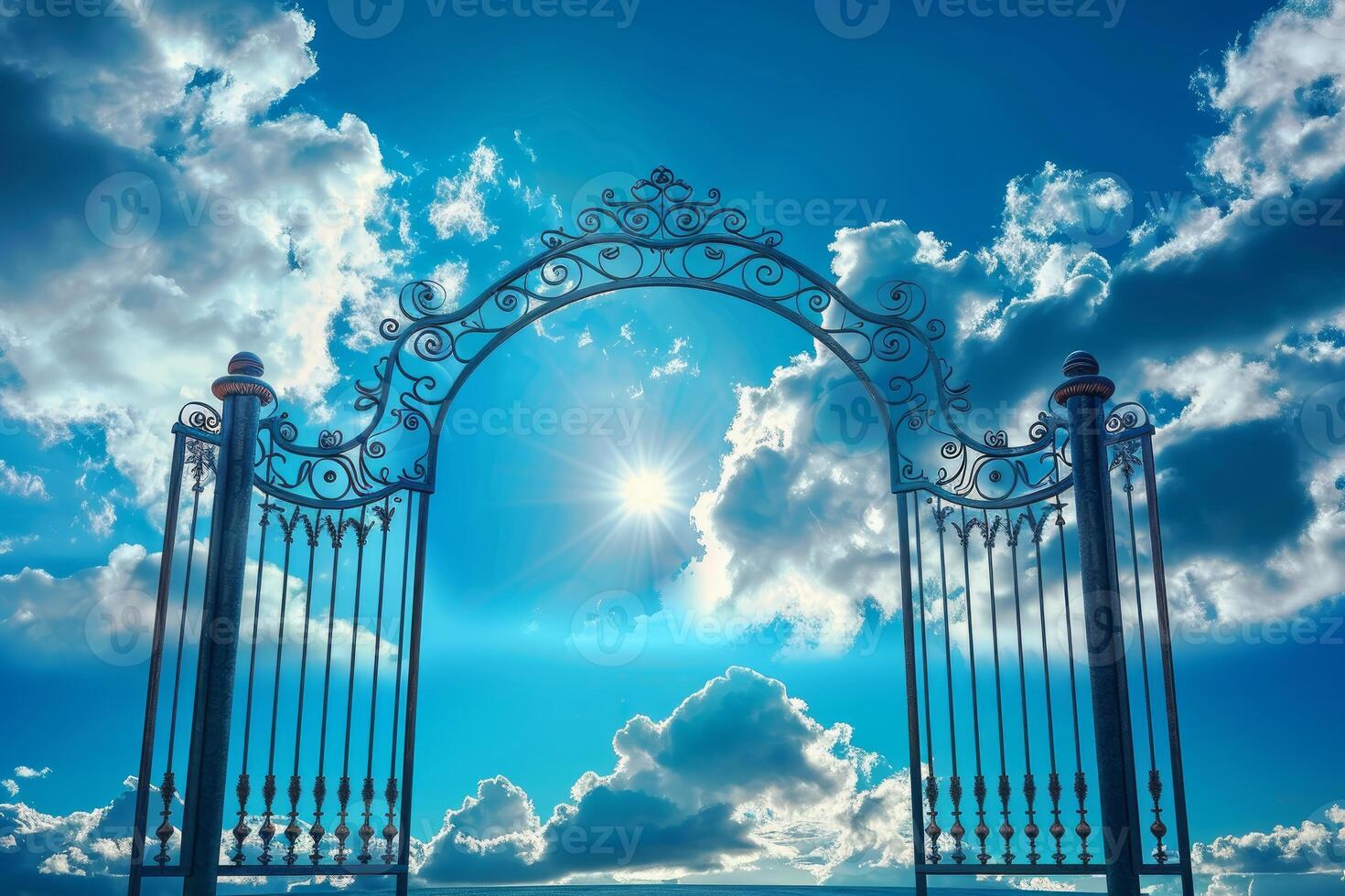 Heaven's gate, ornate wrought iron gates against sky photo