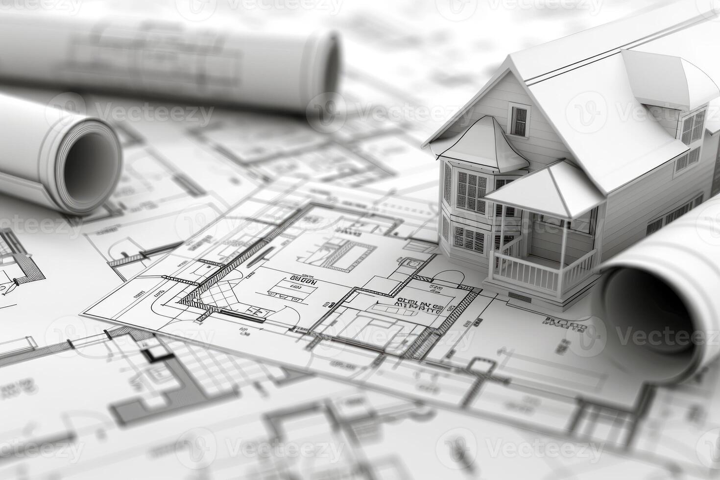 Architectural blueprints and 3d house model photo