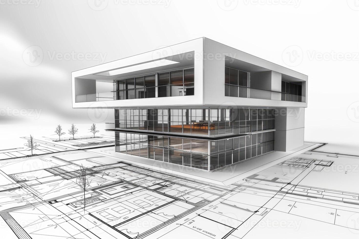 Modern architecture concept with 3d house rendering over blueprints photo