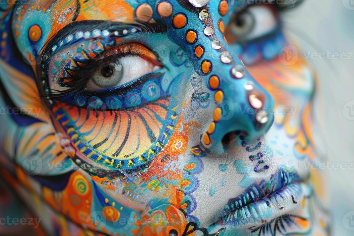 Closeup of a person with colorful and artistic face paint, focused on the eye photo