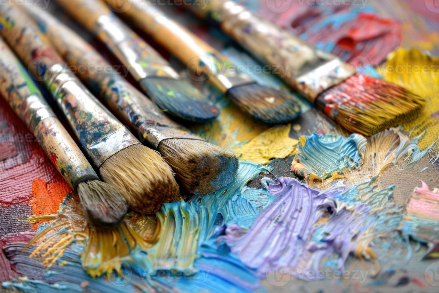 Colorful artistic palette with paint brushes photo