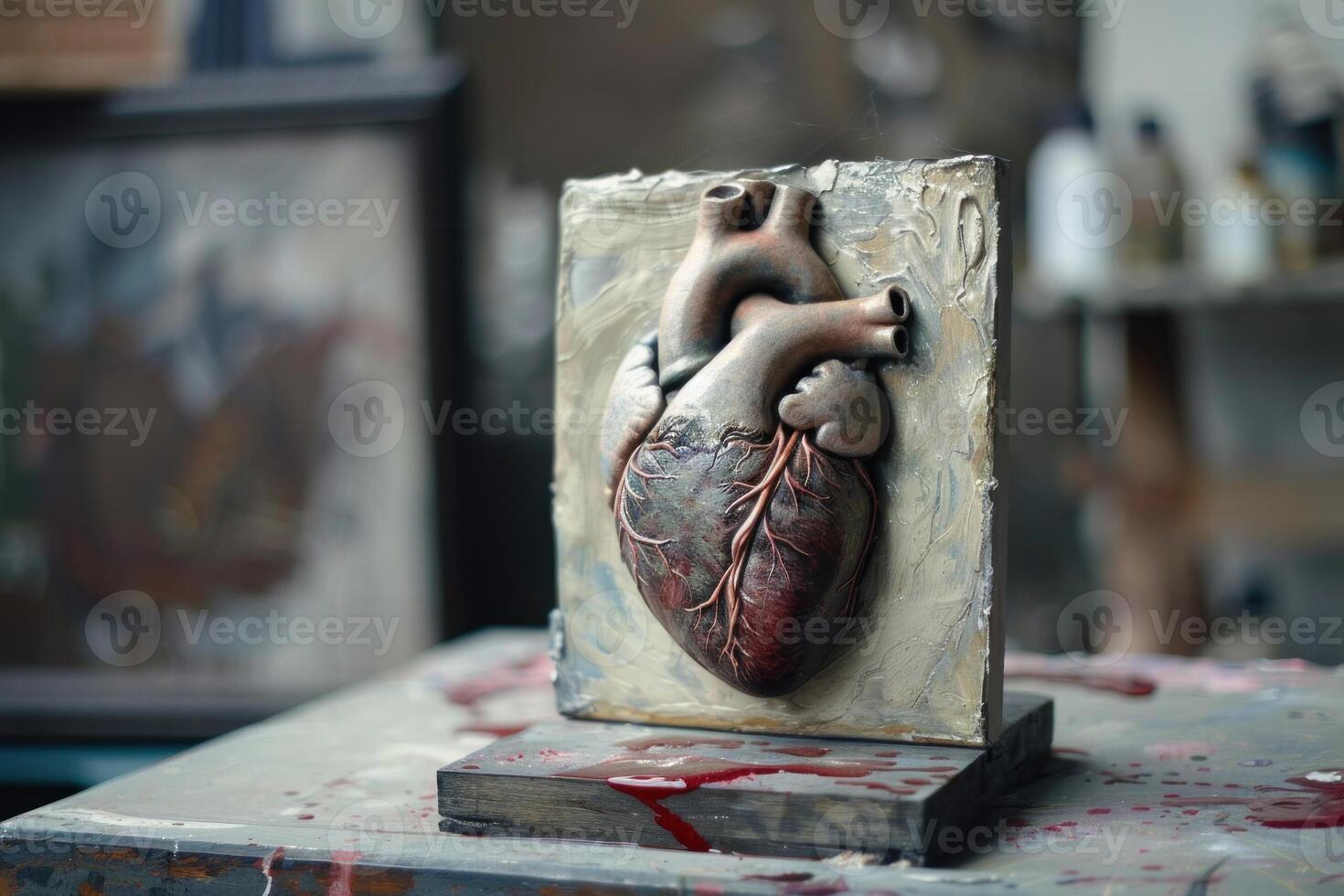 Anatomical heart sculpture on painter's table photo
