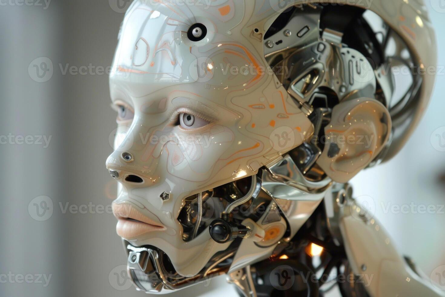 Futuristic humanoid robot head closeup photo