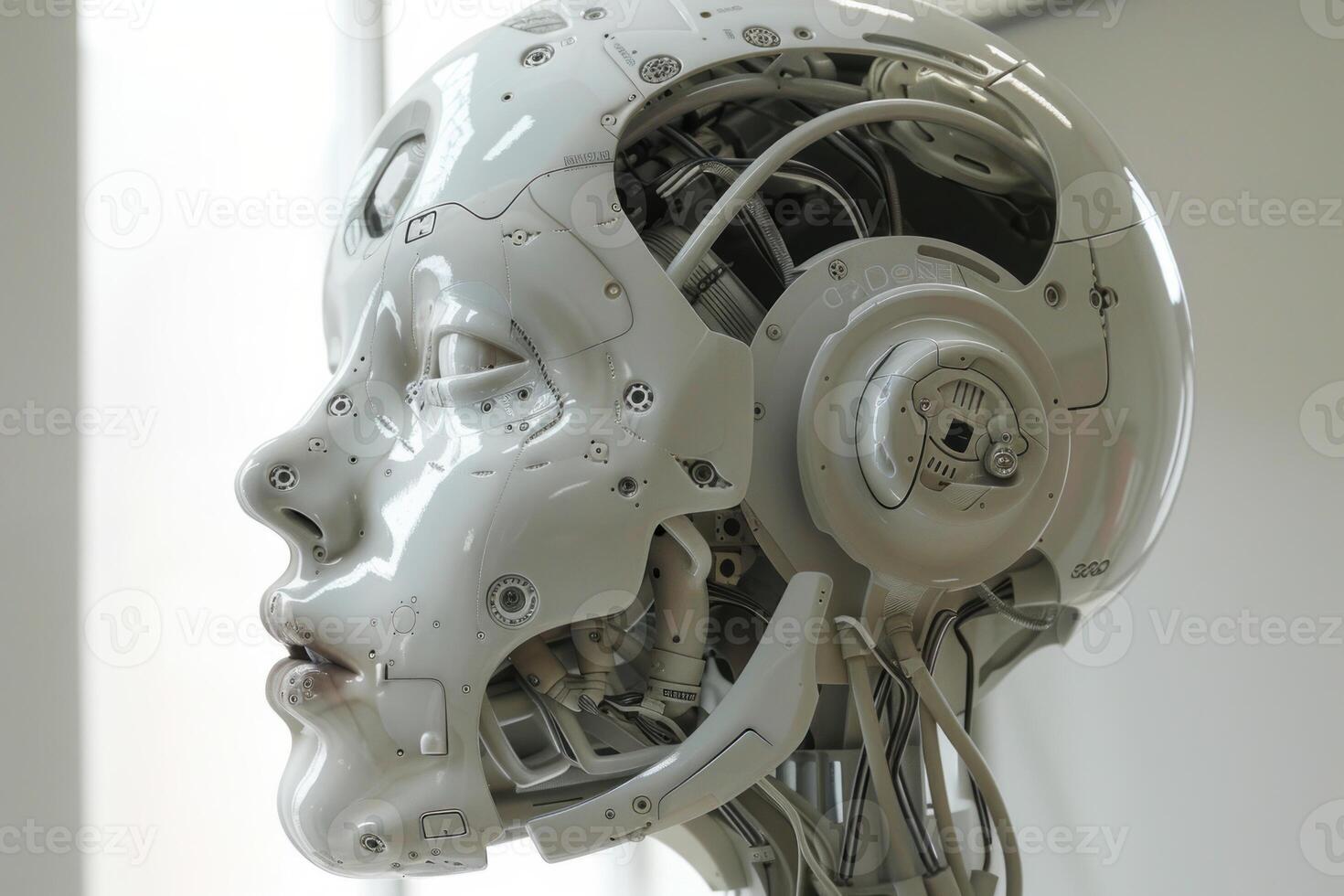 Futuristic robot head with exposed mechanisms photo
