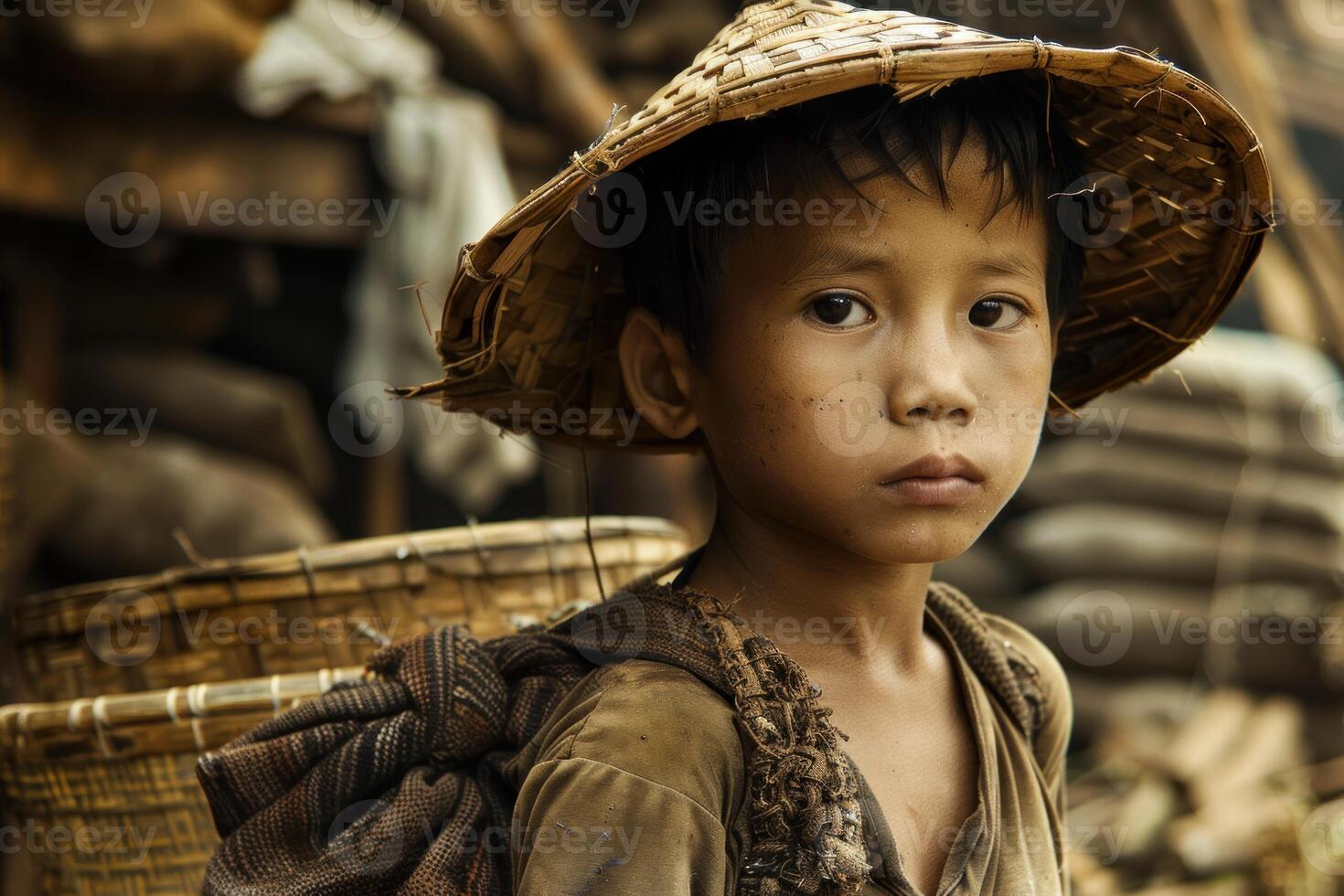 Young boy with bamboo hat in rural setting photo