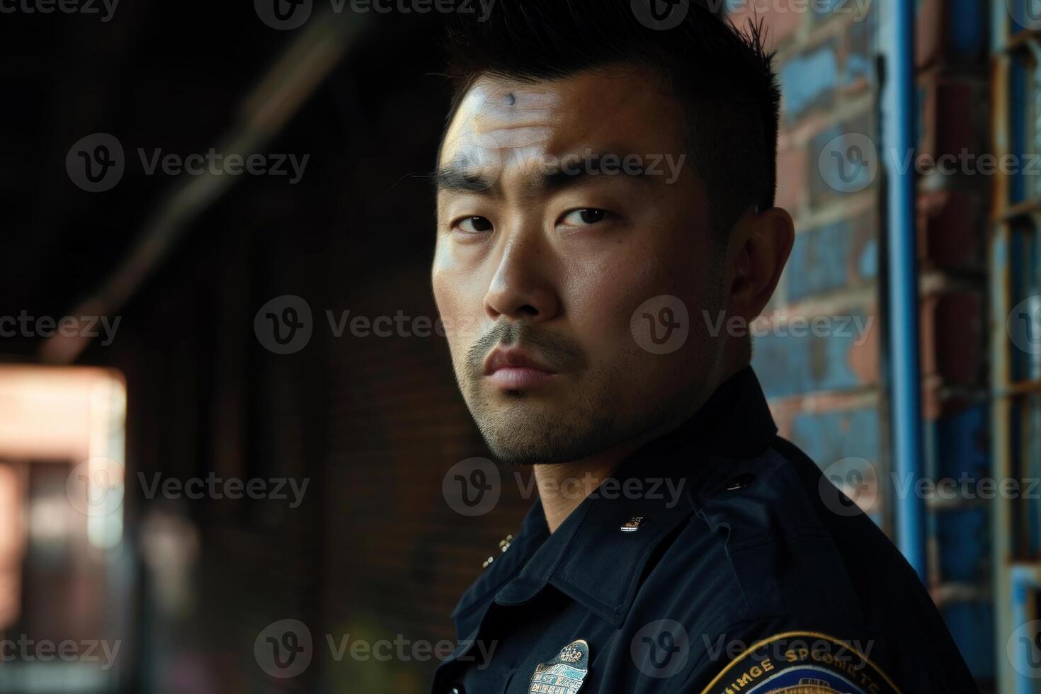 Closeup of a stern police officer with a serious expression, standing against a brick wall photo