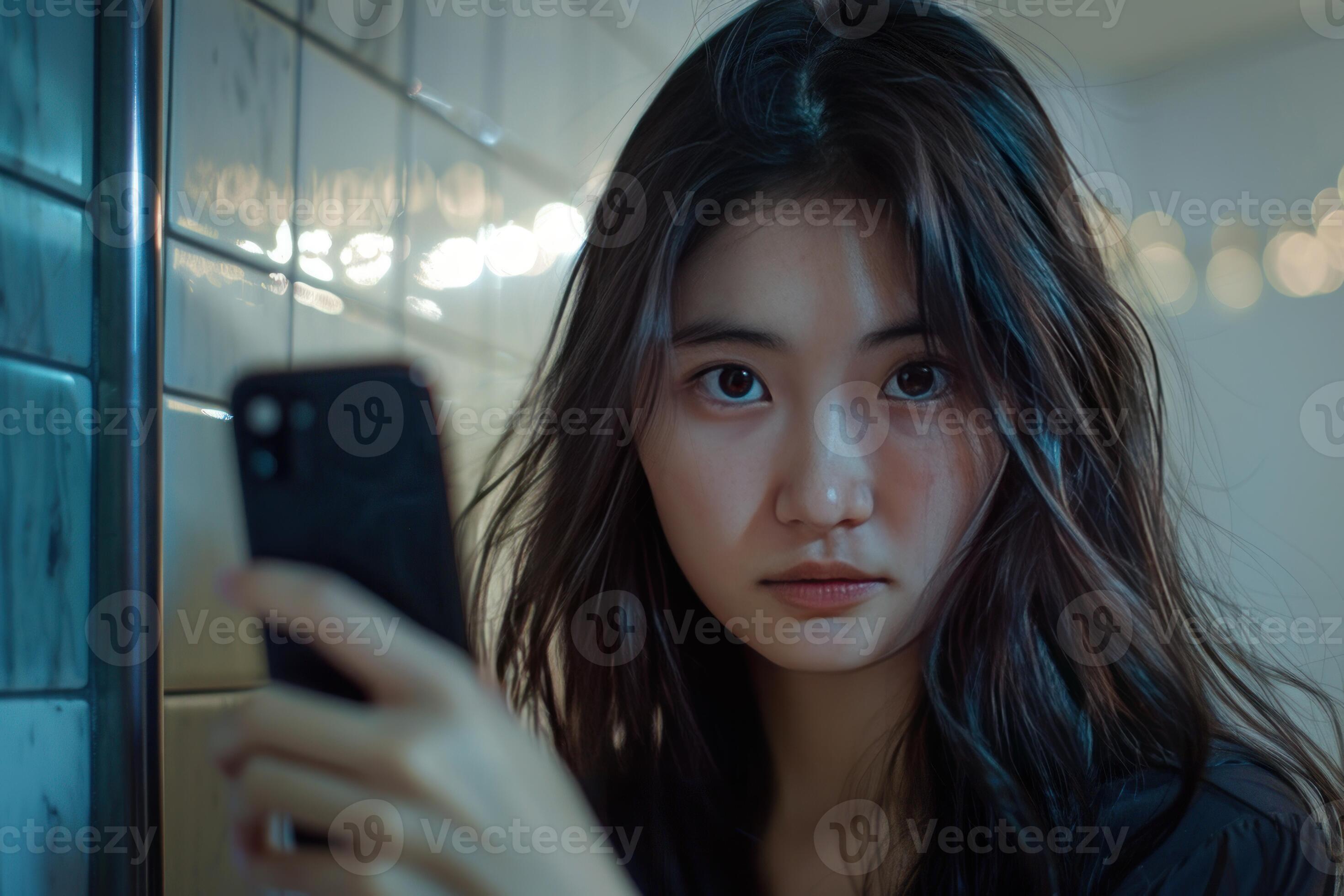  Young woman taking selfie in moody light 47327607 Stock Photo at Vecteezy