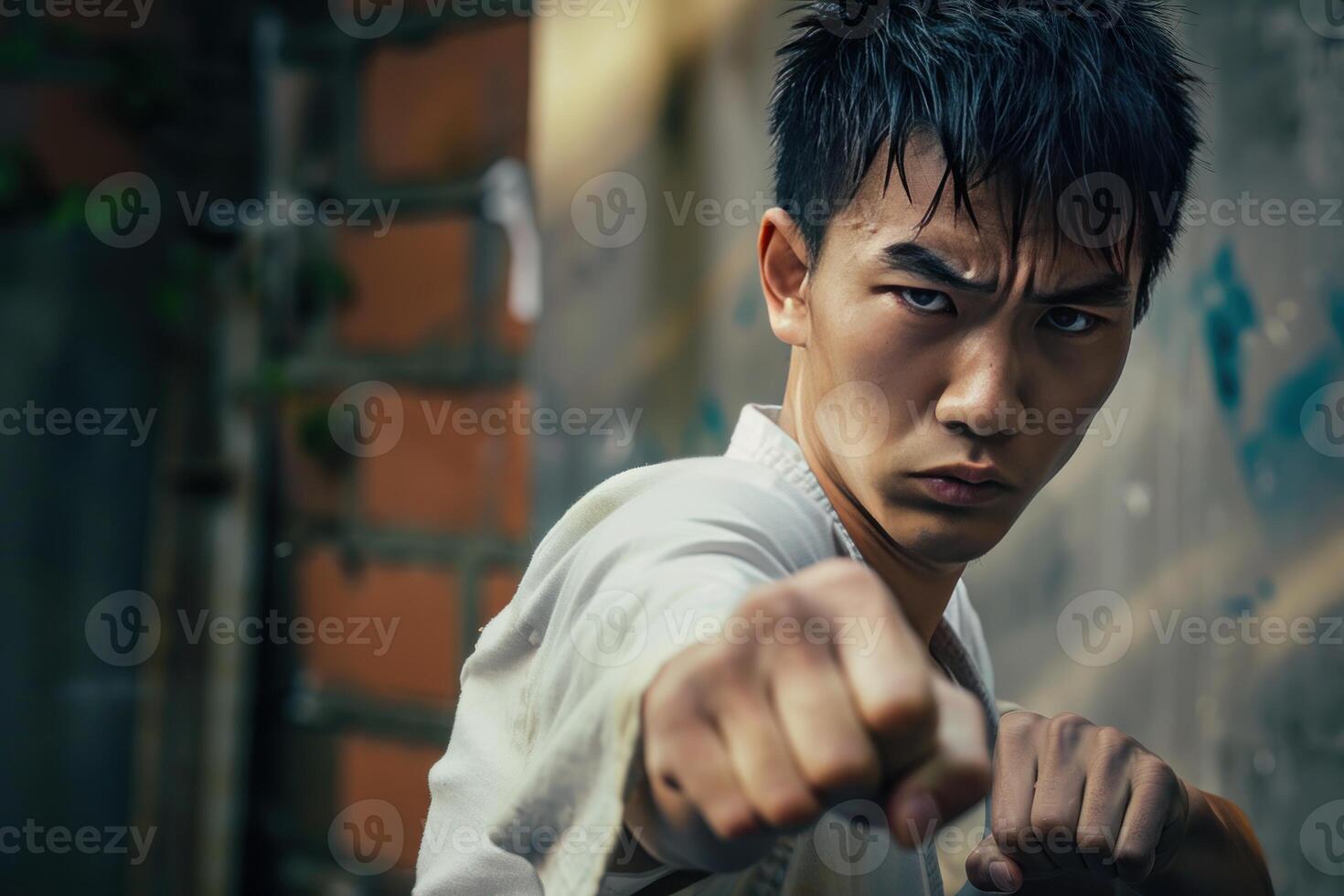 Determined martial artist in action pose photo