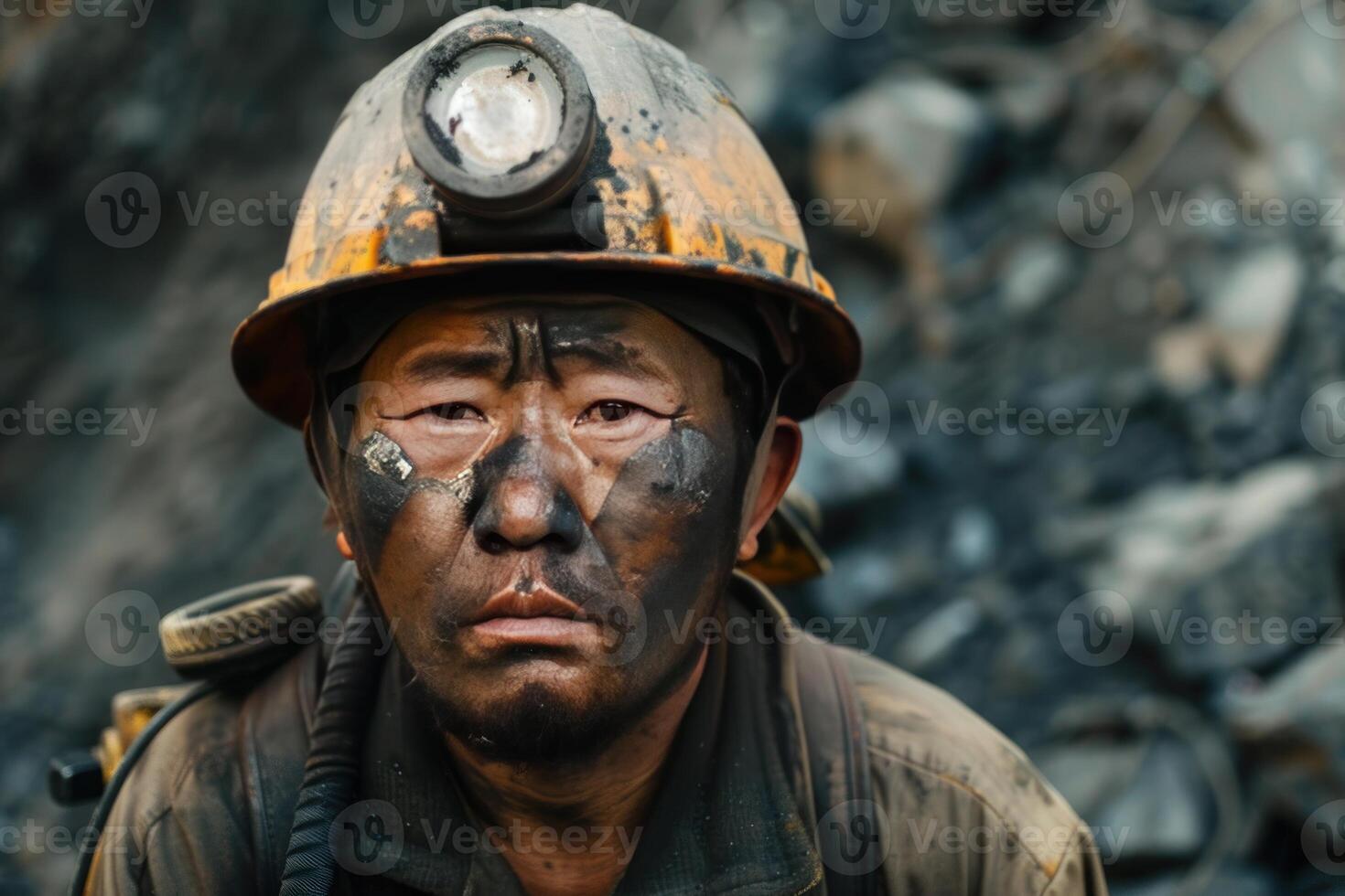 Coal miner portrait with hard hat and headlamp photo