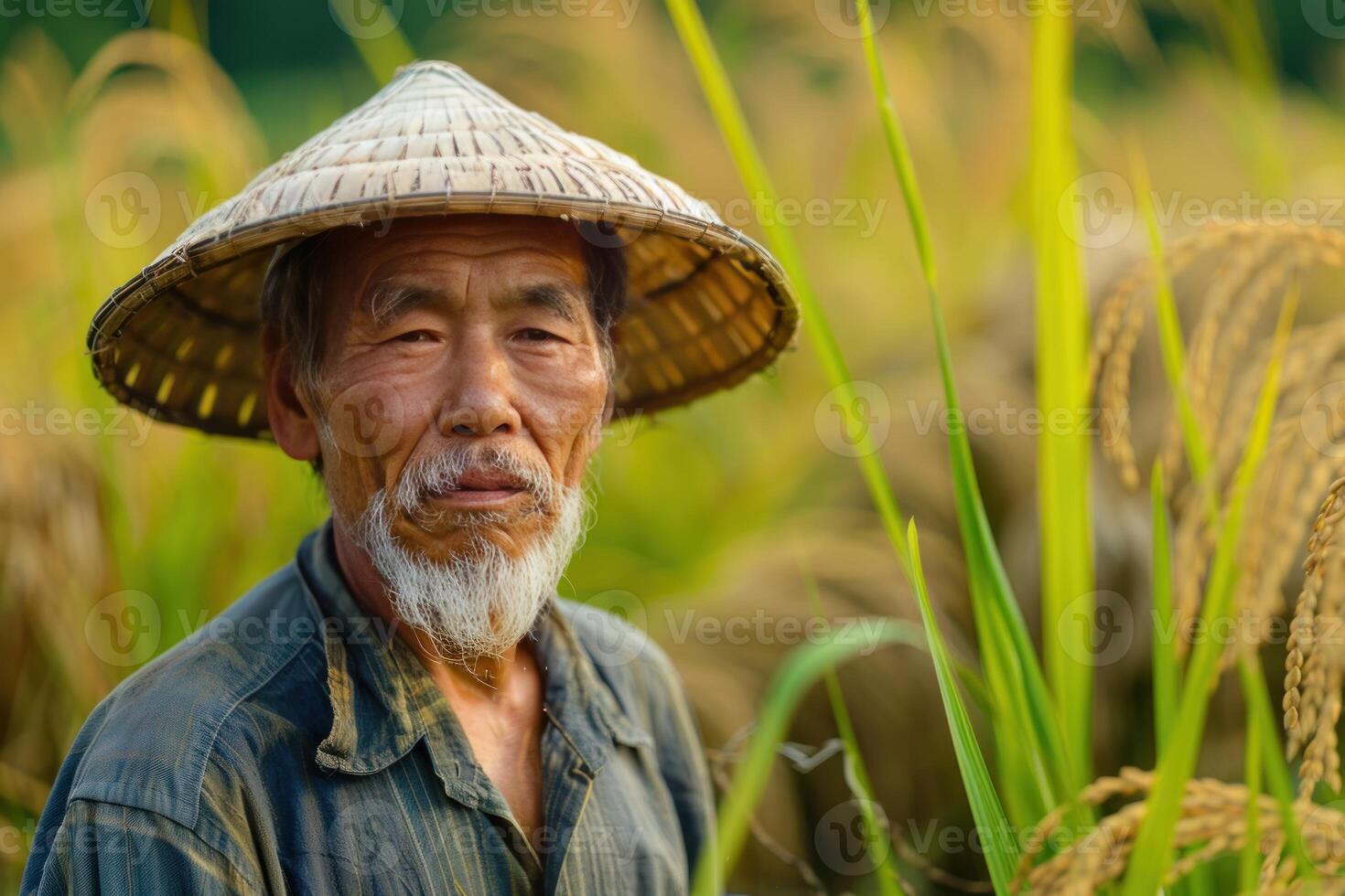 Elderly farmer in rice fields at sunset photo