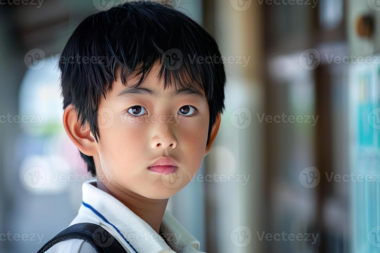 Thoughtful schoolboy at train station photo