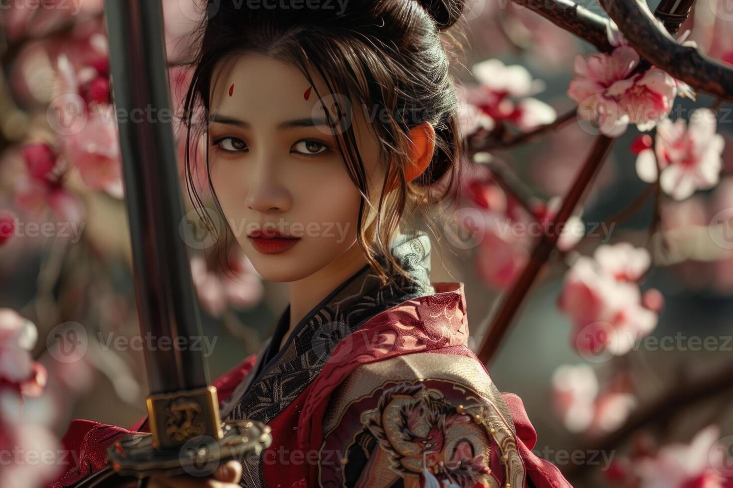 Enigmatic samurai woman among cherry blossoms photo