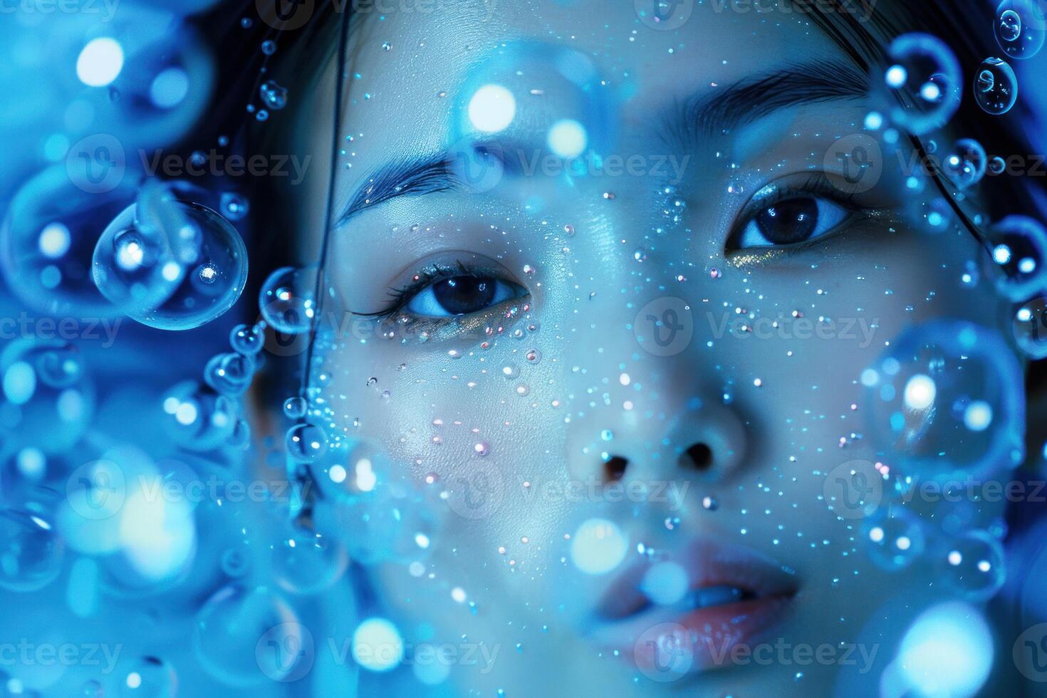 Enigmatic woman surrounded by floating bubbles photo