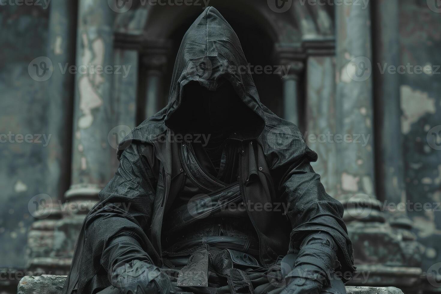 Mysterious figure in hooded cloak sitting on steps photo