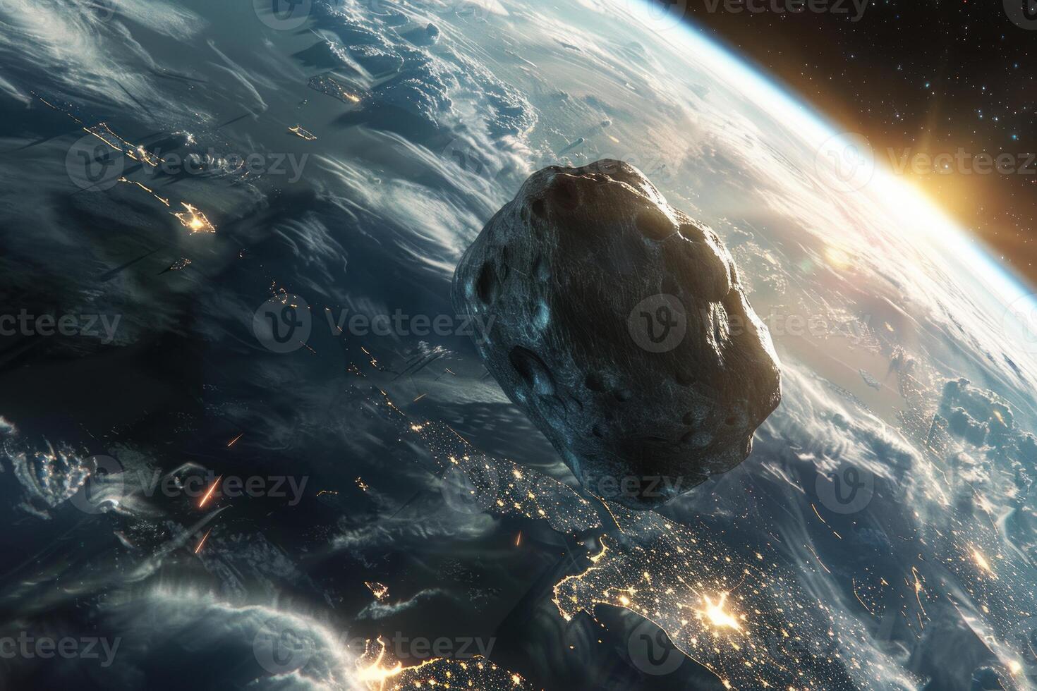 Asteroid approaching earth in outer space photo