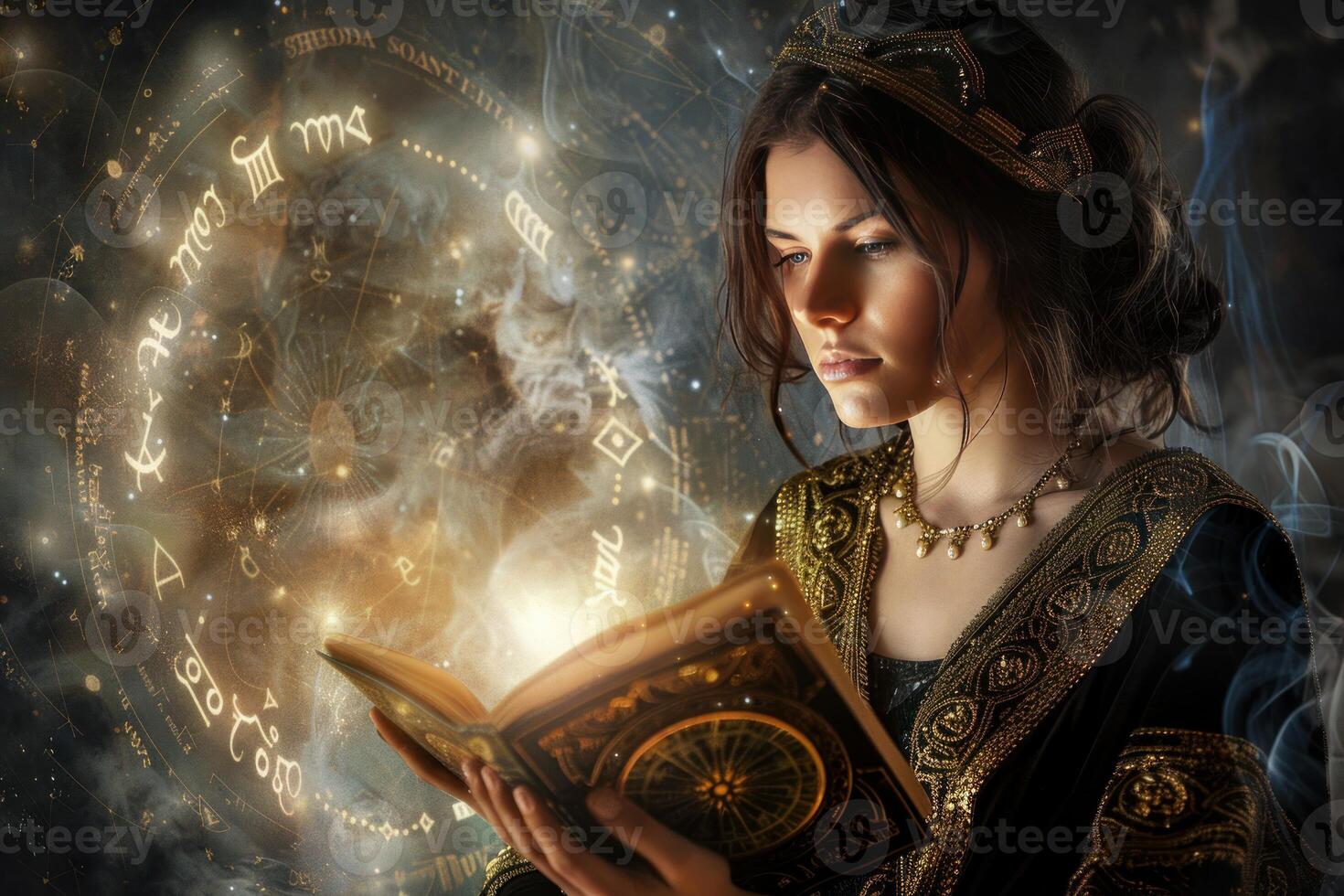 Mystical sorceress reading ancient spellbook photo