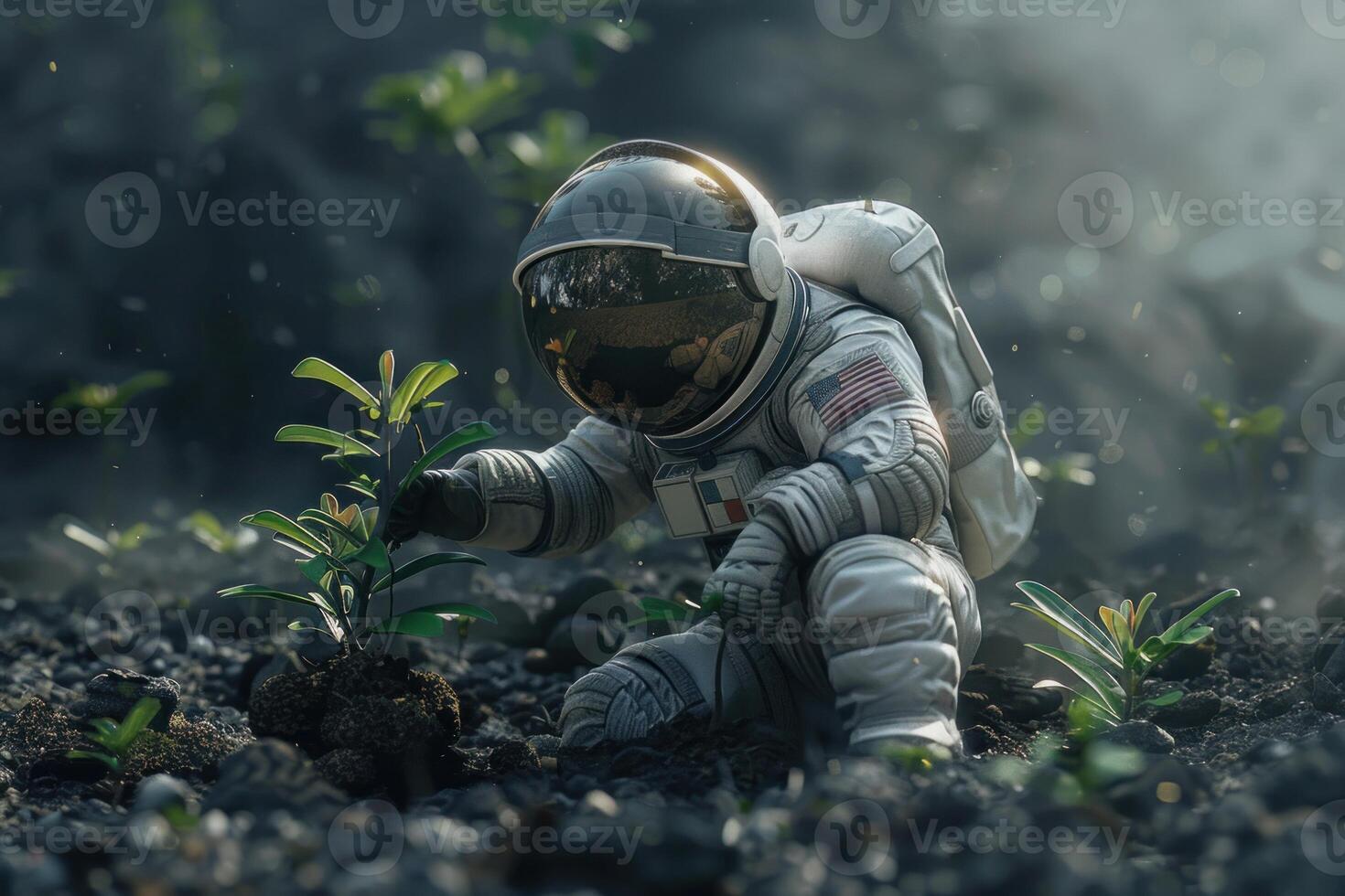 Astronaut tending to young plant on alien terrain photo