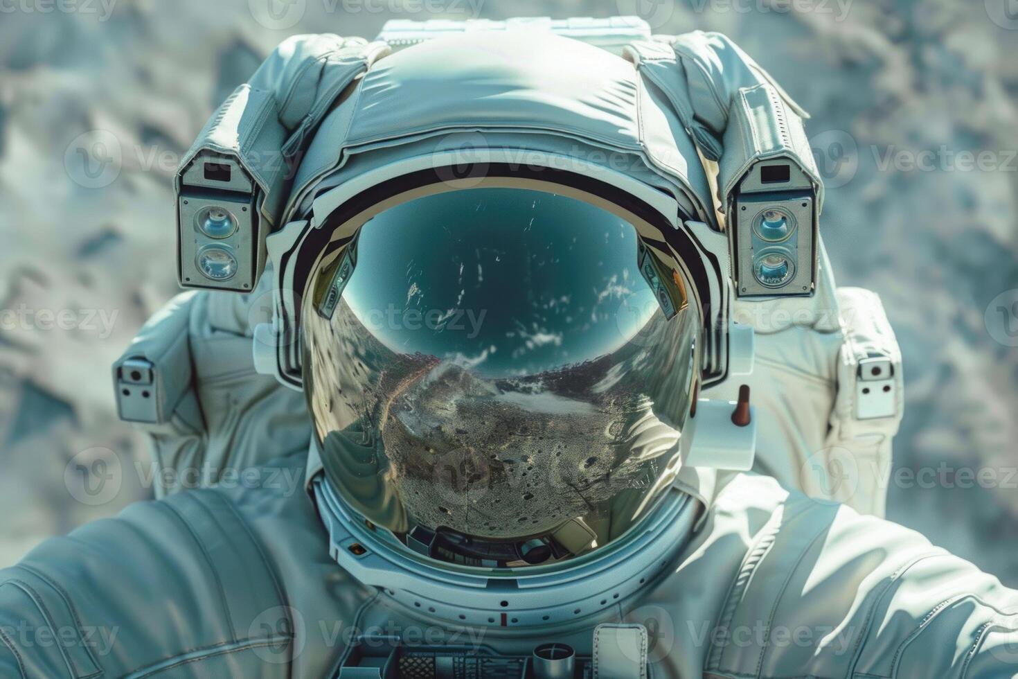 Closeup of astronaut helmet against lunar surface photo