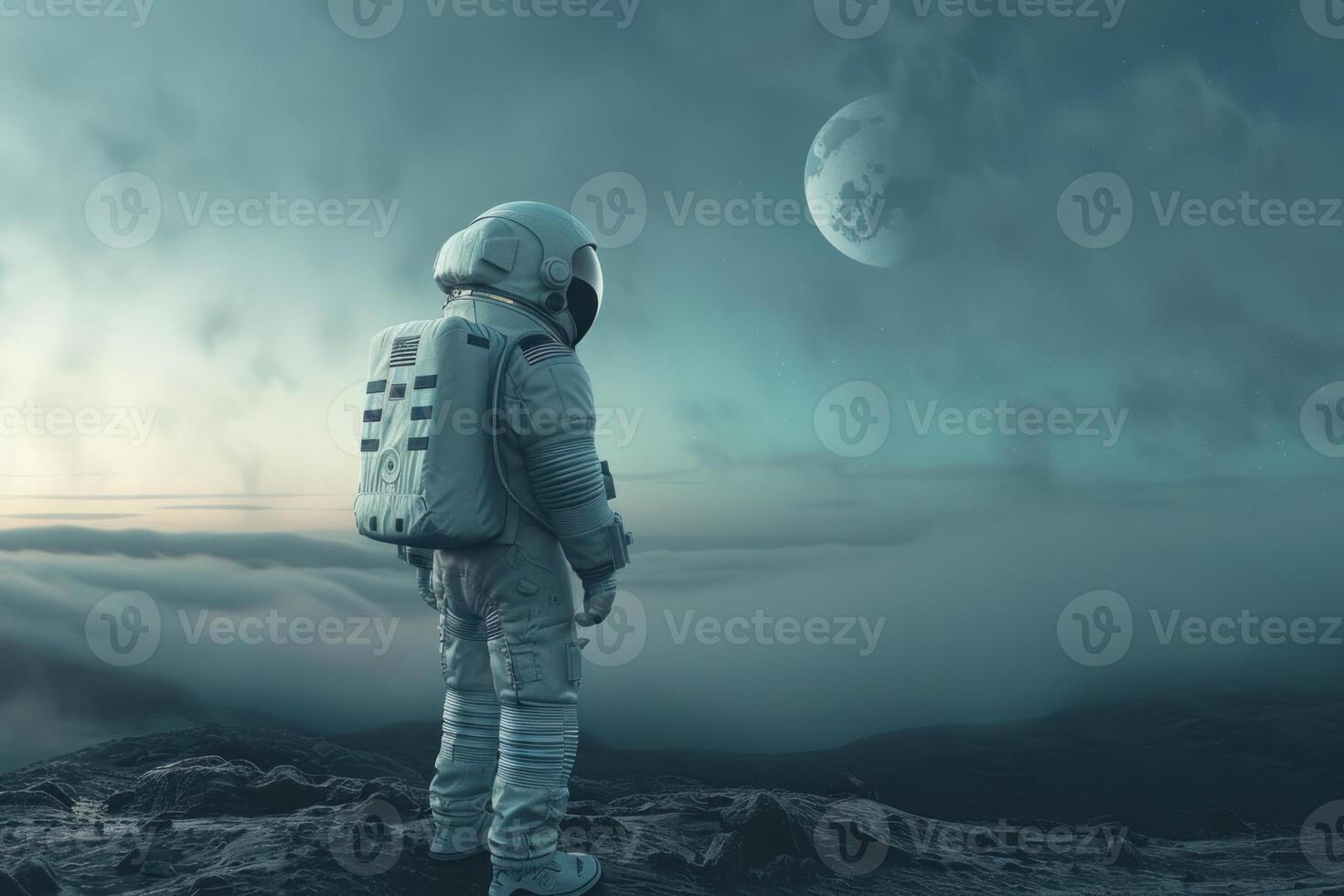Lone astronaut contemplating space on alien terrain photo
