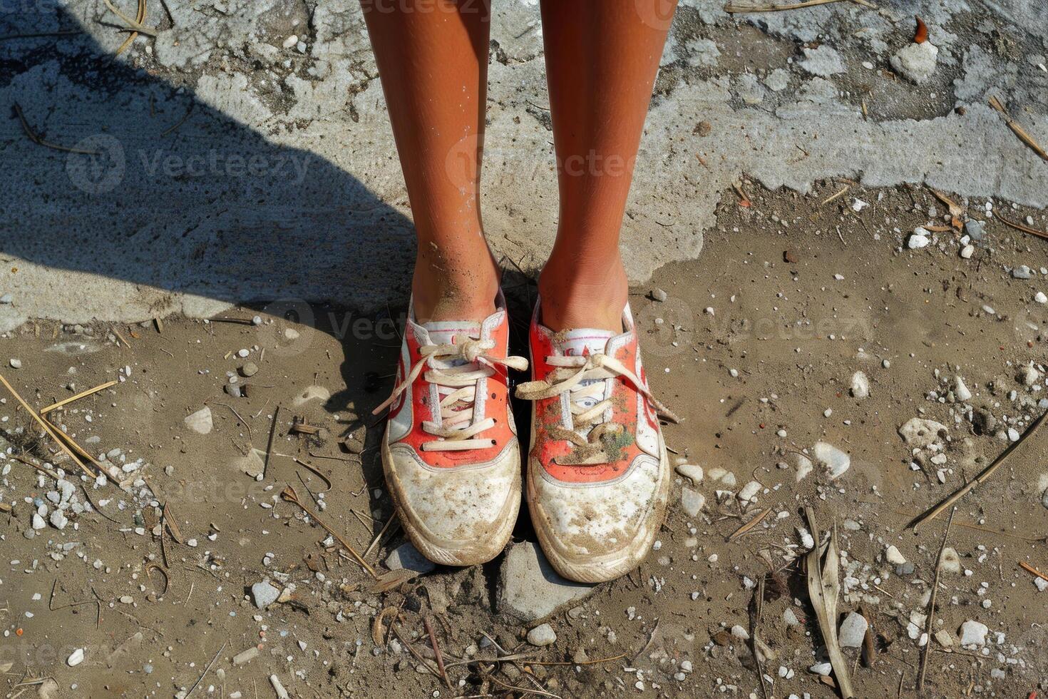 Dirty sneakers on rugged terrain photo