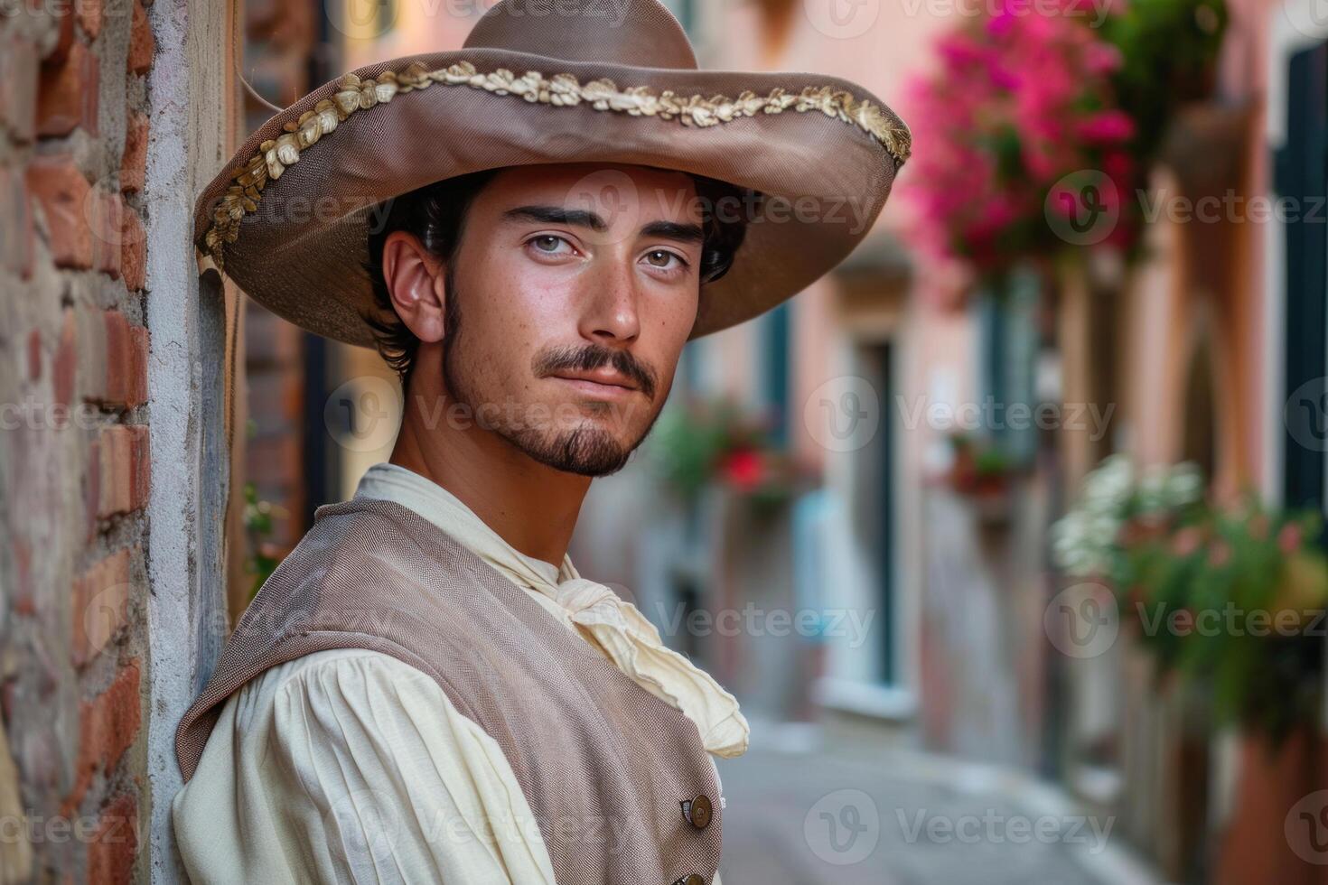 Handsome young man in vintage attire with hat photo