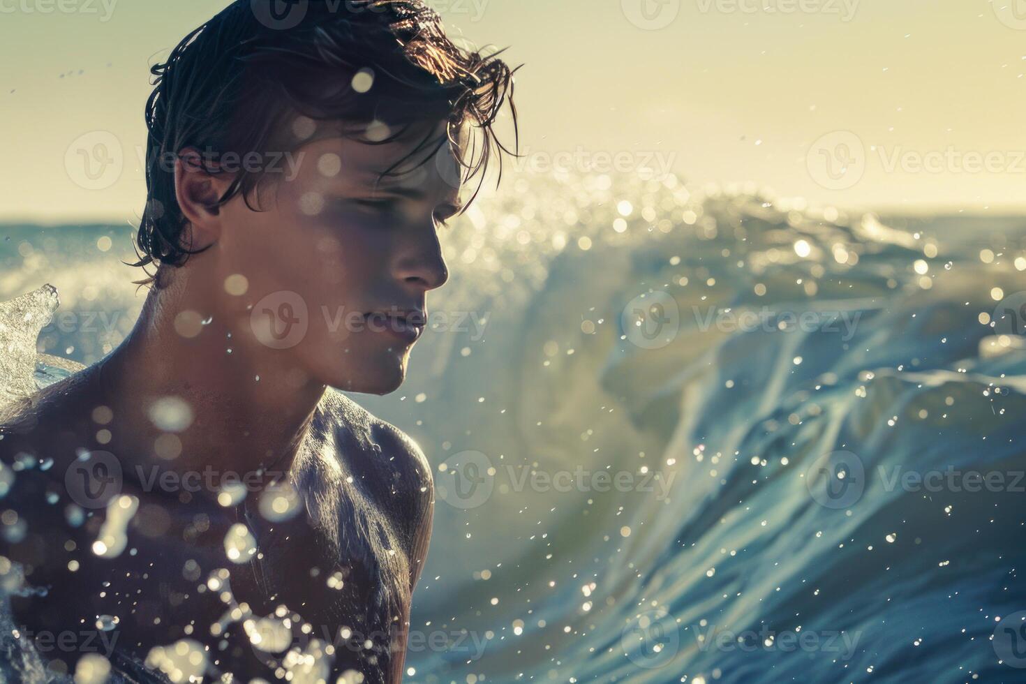 Young man enjoying ocean waves at sunset photo