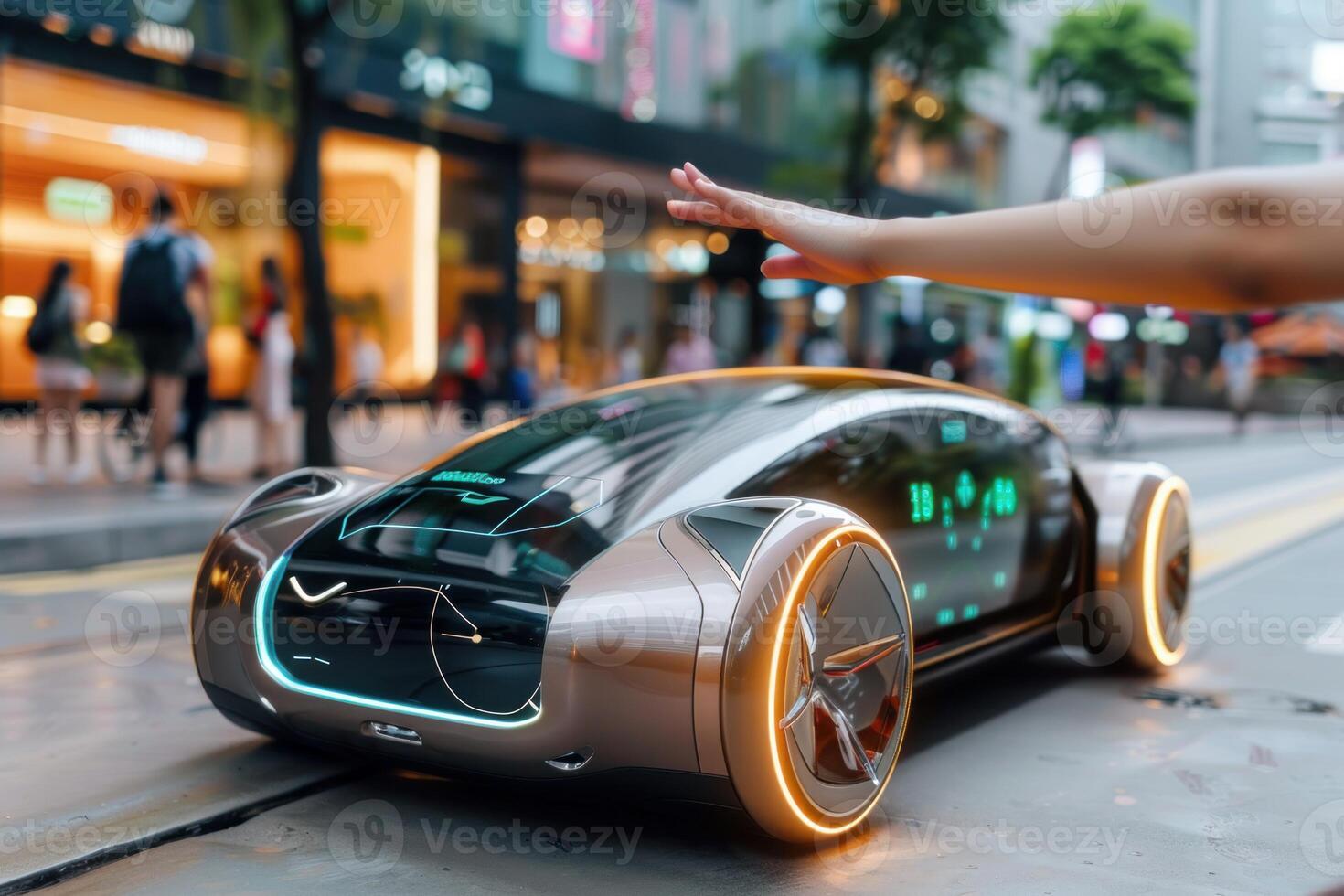 Futuristic selfdriving car in urban setting photo
