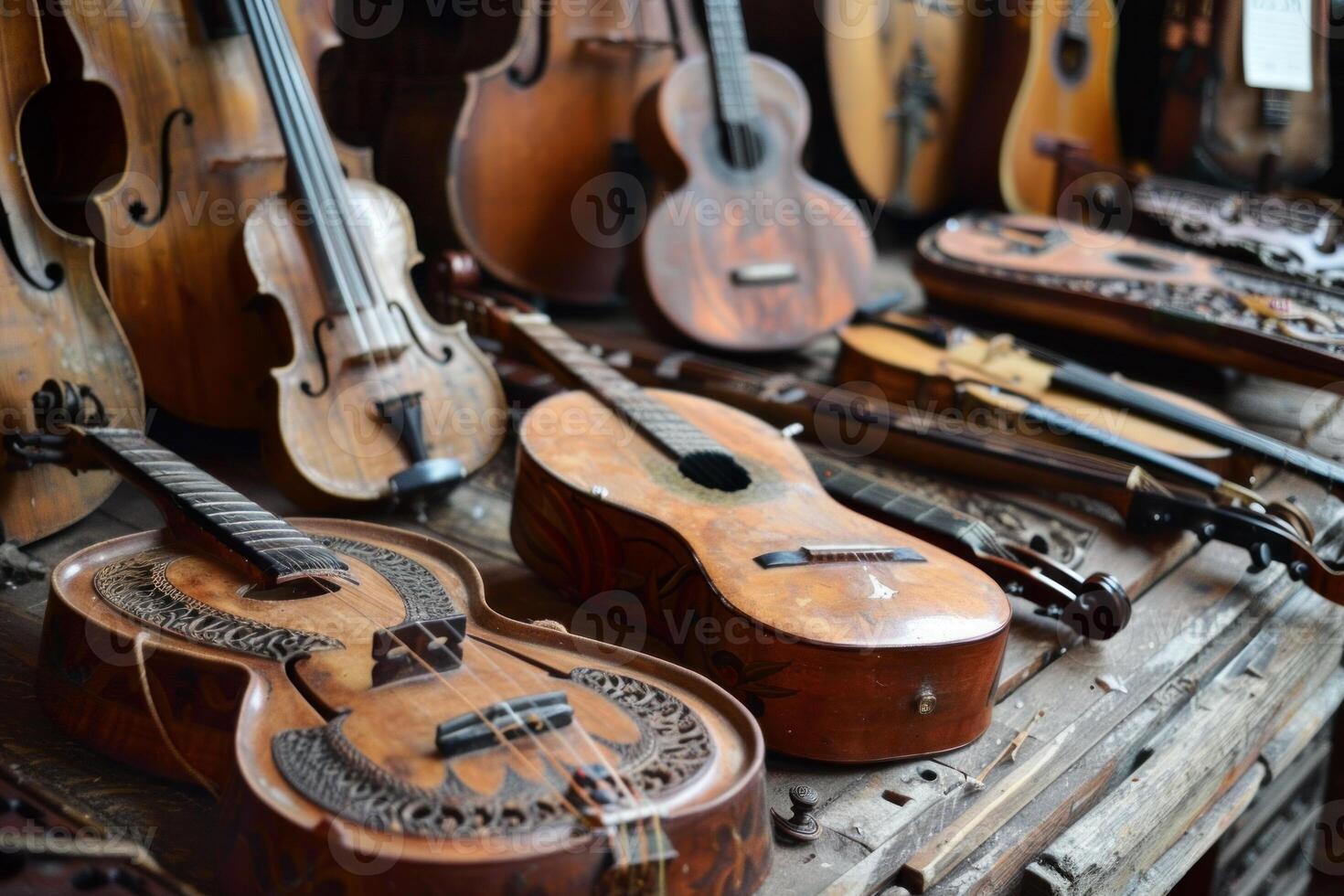 Variety of aged string instruments, including violins and guitars, displayed photo