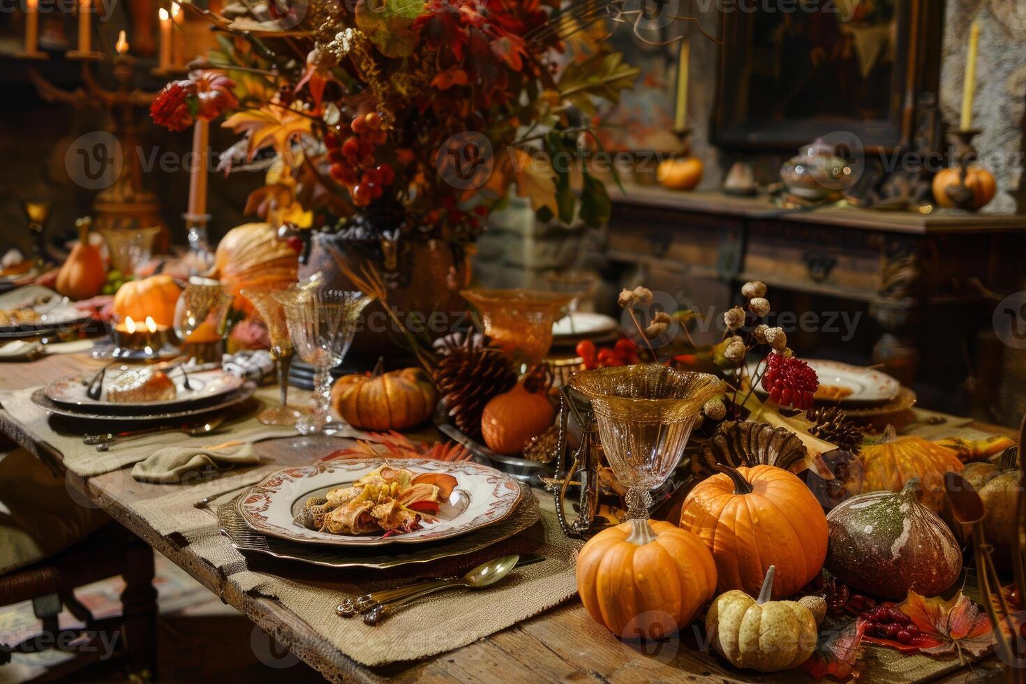 Thanksgiving dinner table setting with autumn decor photo