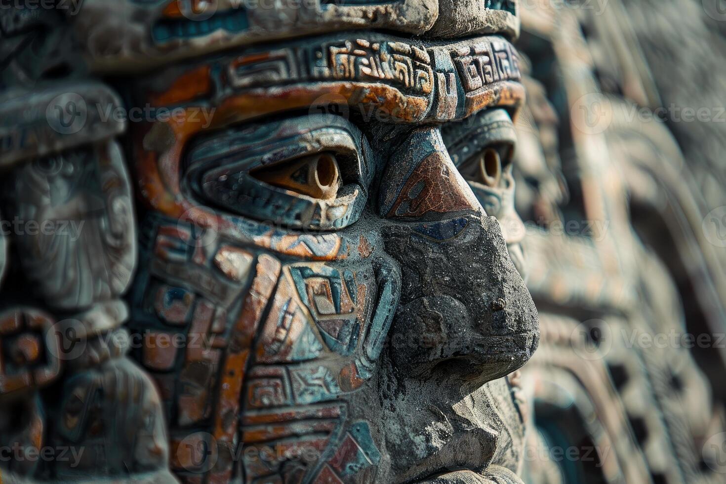 Detailed view of a traditional mayan stone sculpture with carved patterns photo