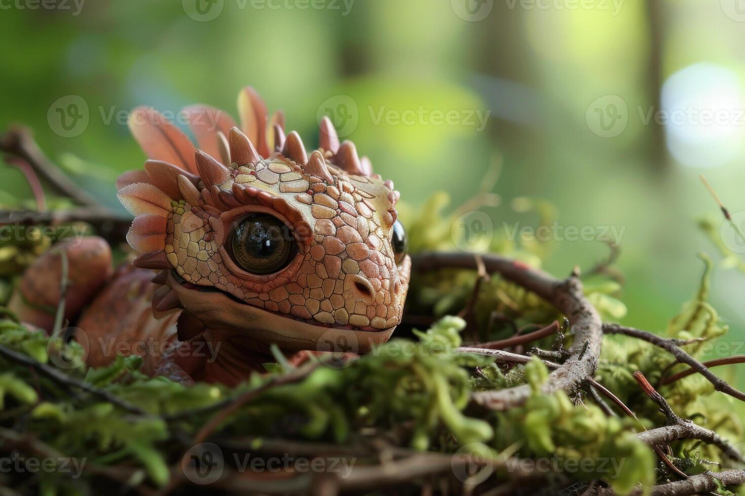 Enchanting fantasy dragon hatchling in forest photo