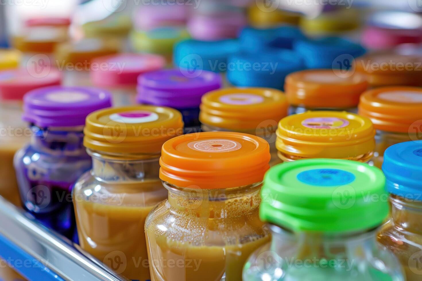 Colorful smoothie bottles on display photo