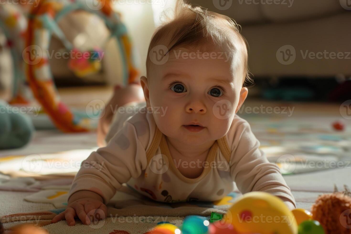 Adorable baby playing on the floor at home photo