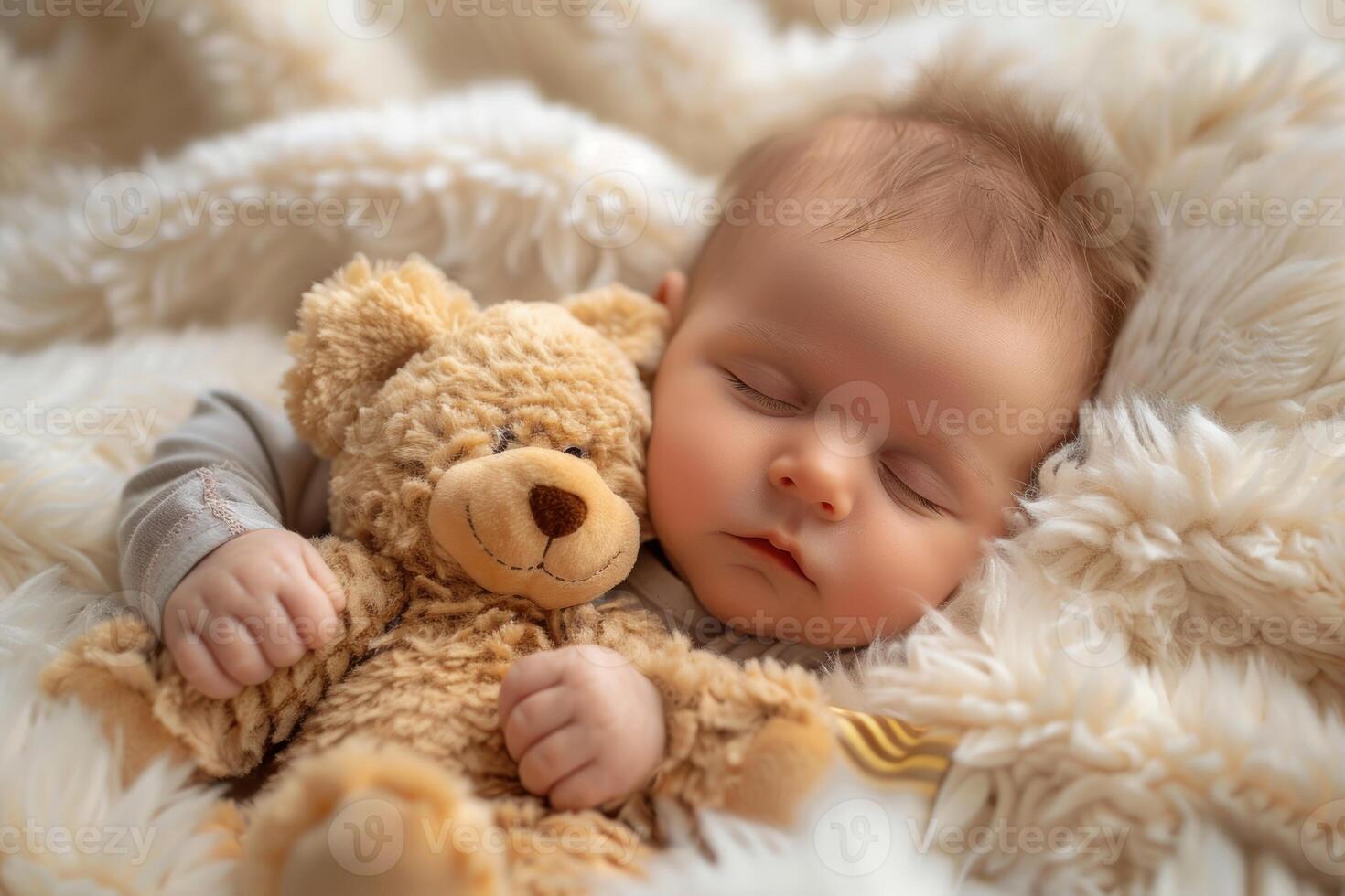 Peaceful newborn sleeping with teddy bear photo