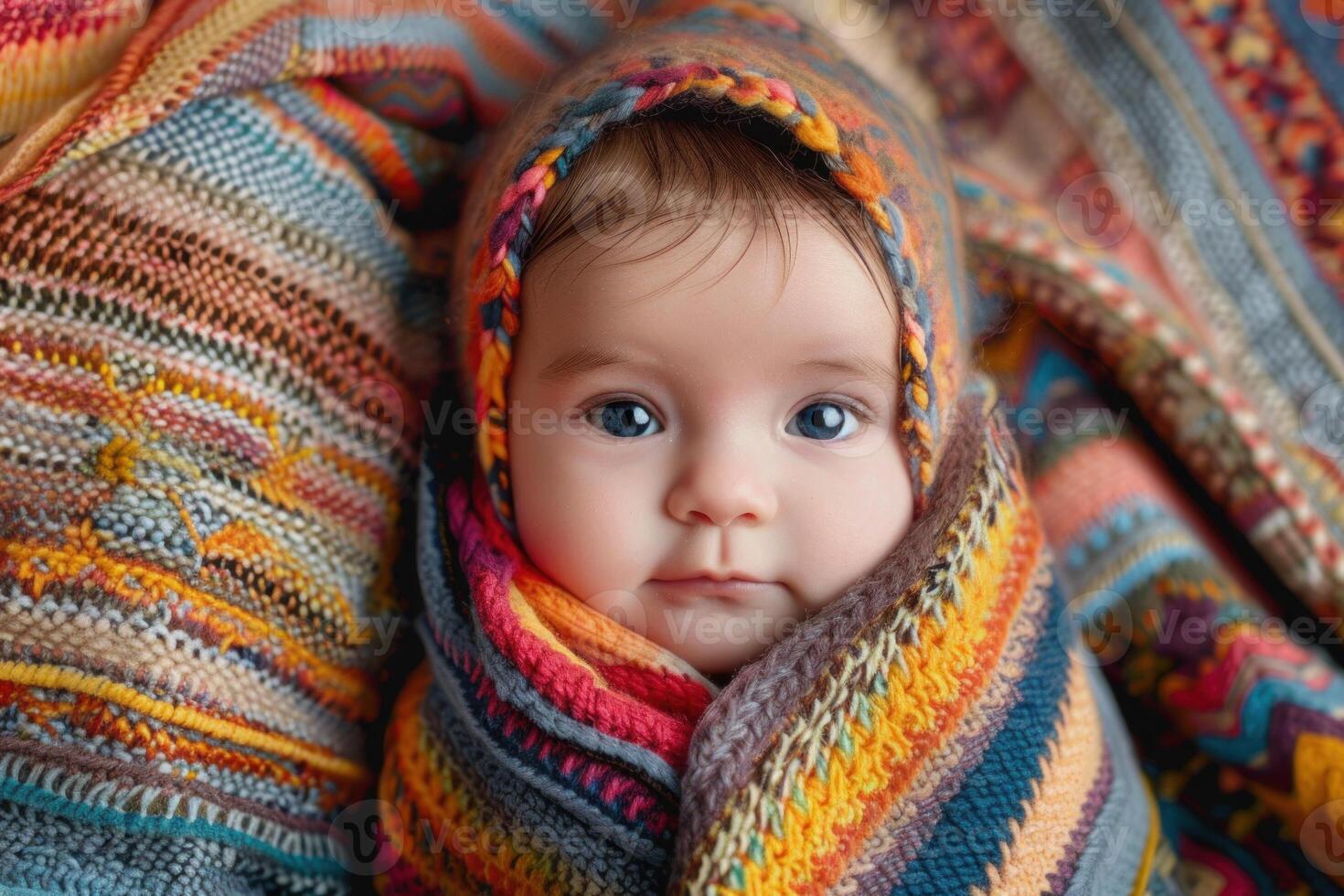 Adorable baby wrapped in colorful knitted blanket photo