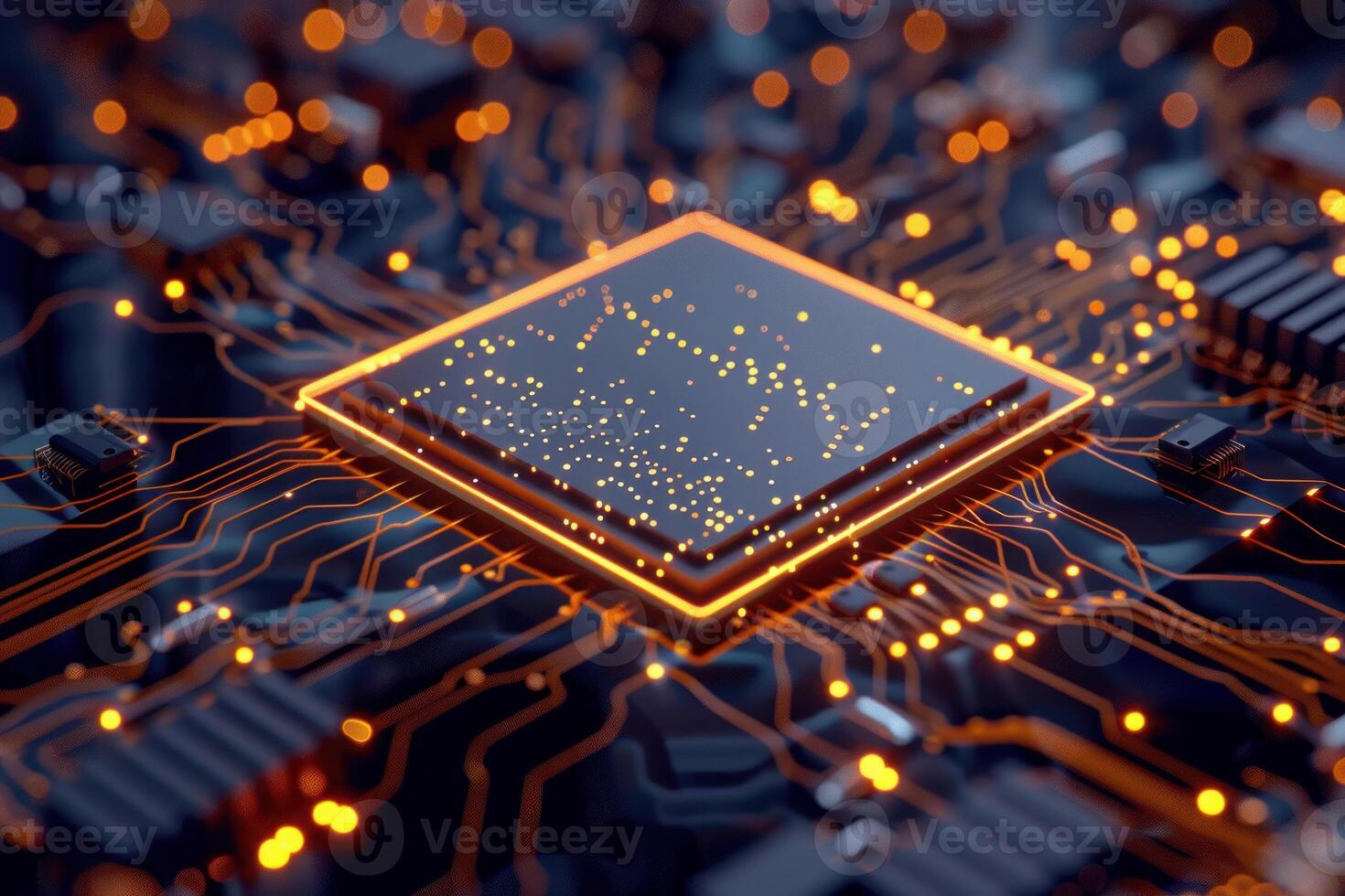 Illuminated cpu and circuitry closeup photo