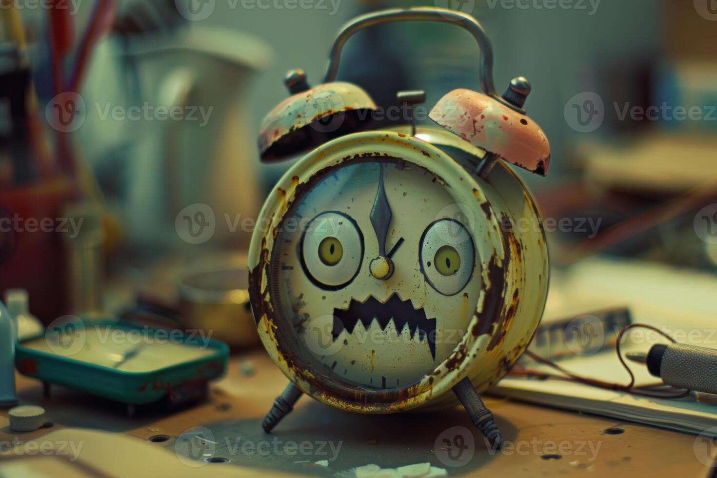 Old clock showing fear on a desk photo