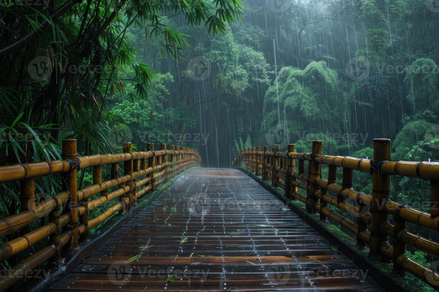 Walking through rain on bamboo bridge photo