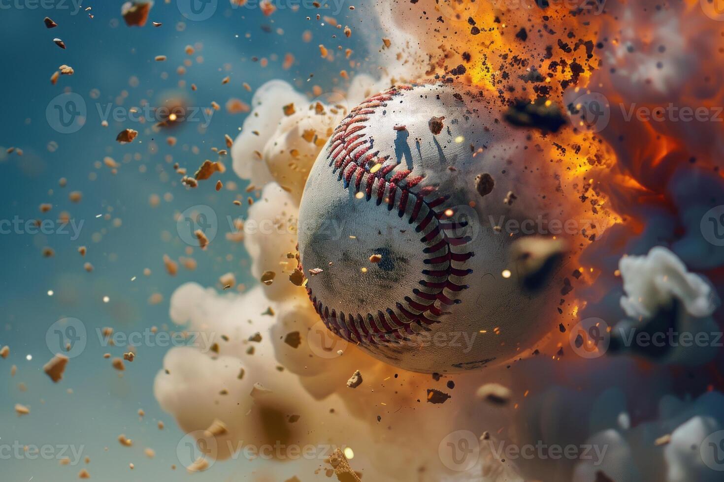 Dynamic image capturing a baseball in an intense explosion with debris photo