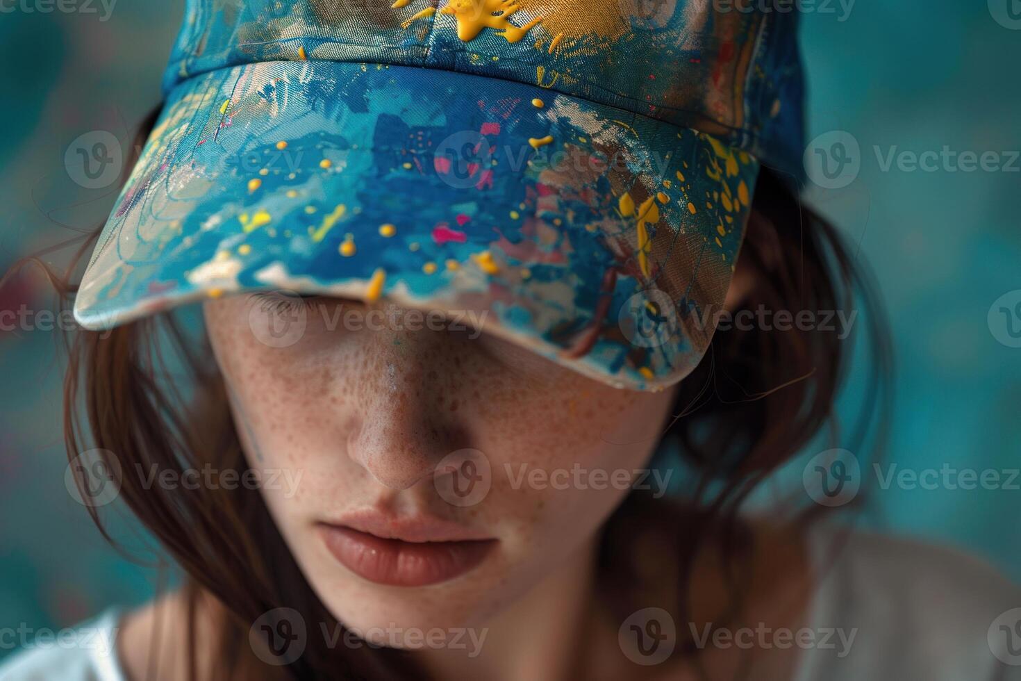 Artistic soul, close up of freckled woman wearing paint splattered cap photo